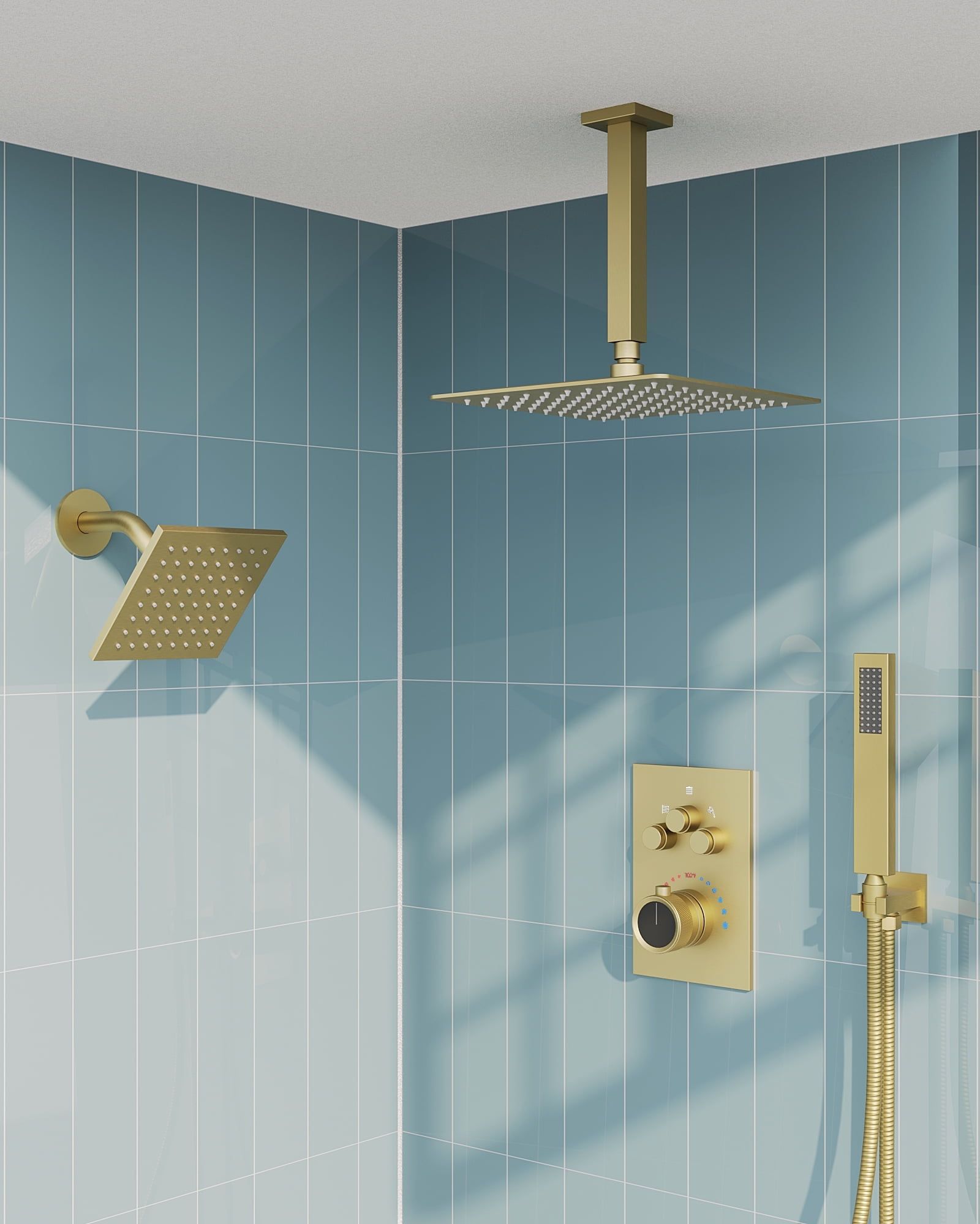 Grandjoy Brushed Gold Dual Shower Head System with Handheld Spray