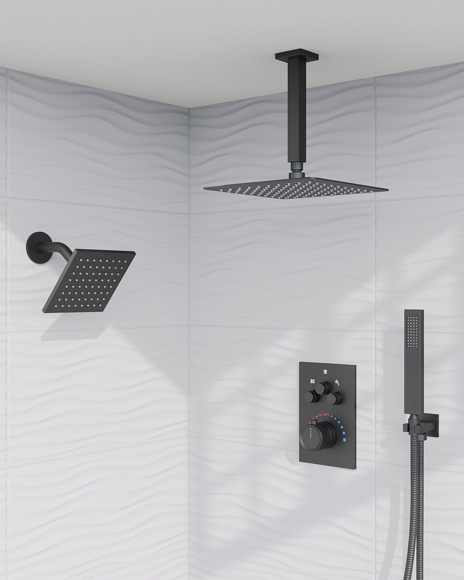 Matte Black Dual Mount Rainfall Shower System with Handheld Spray