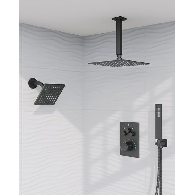 Matte Black Dual Mount Rainfall Shower System with Handheld Spray
