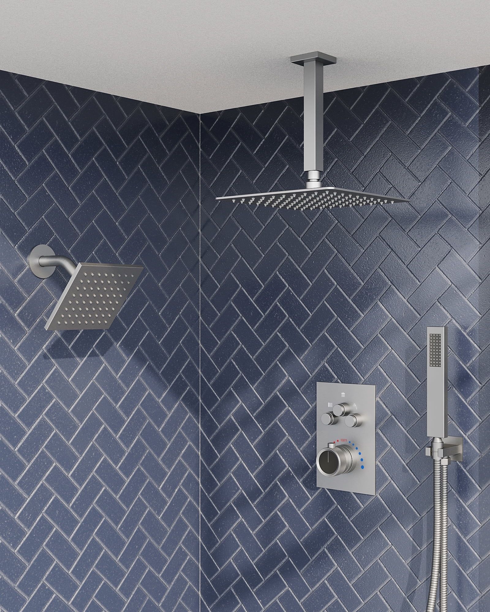 Nickel Dual Head Adjustable Rainfall Shower System with Handheld Spray