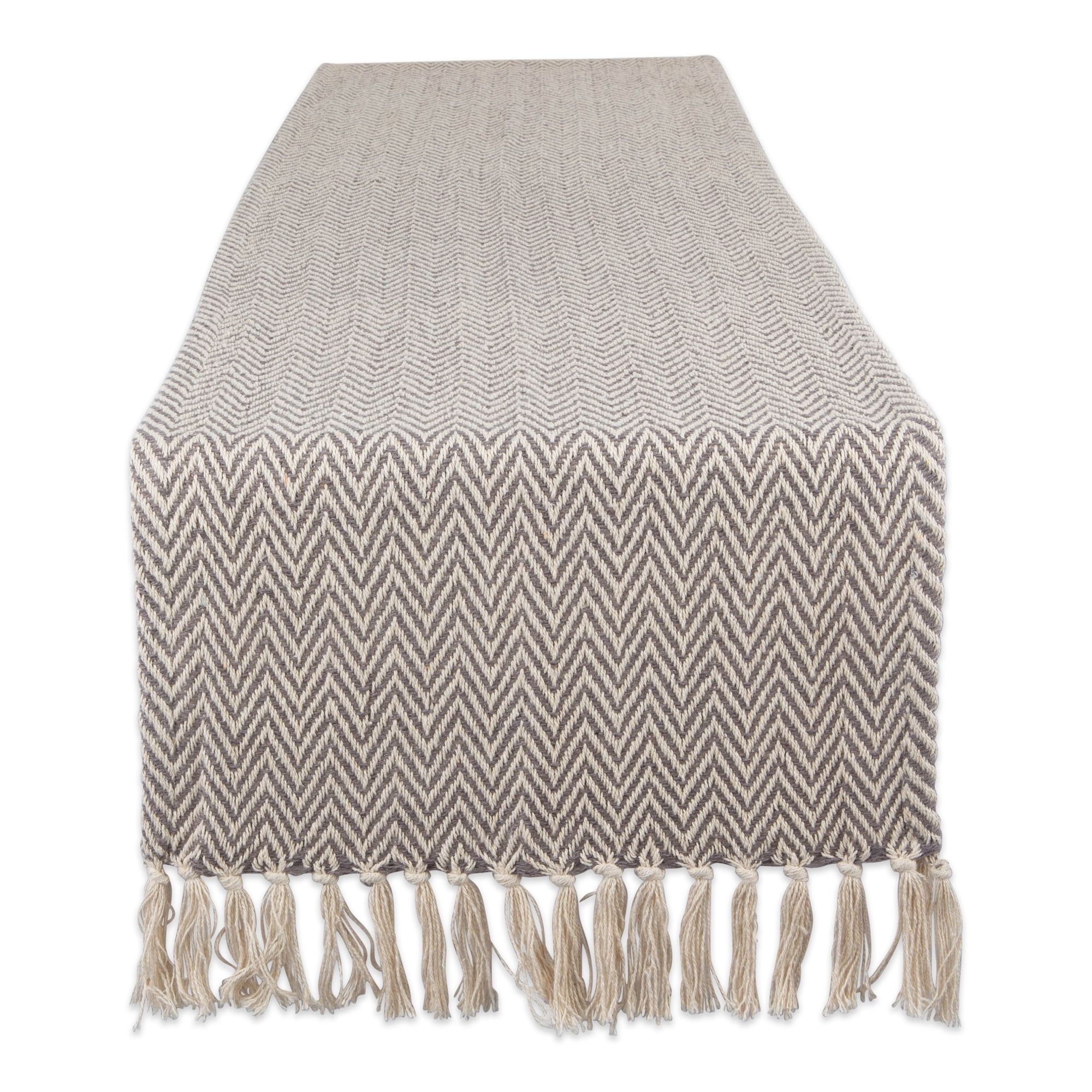 Gray Chevron Cotton Table Runner with Tassels, 15x72