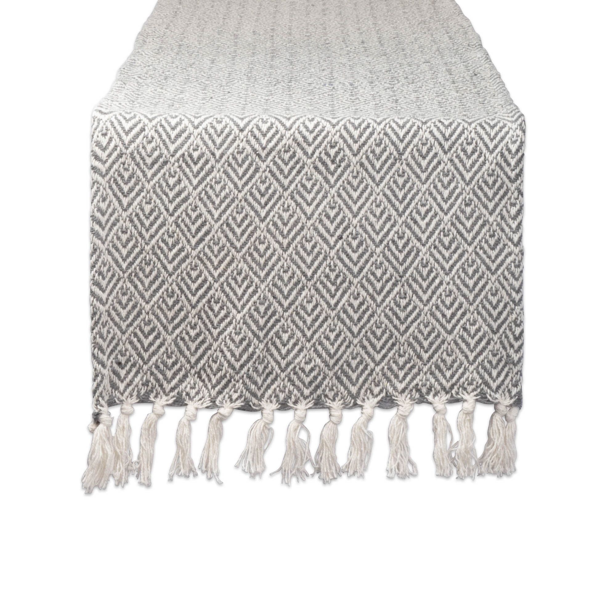 Gray Diamond Cotton Table Runner with Fringed Edges, 15x72 Inches