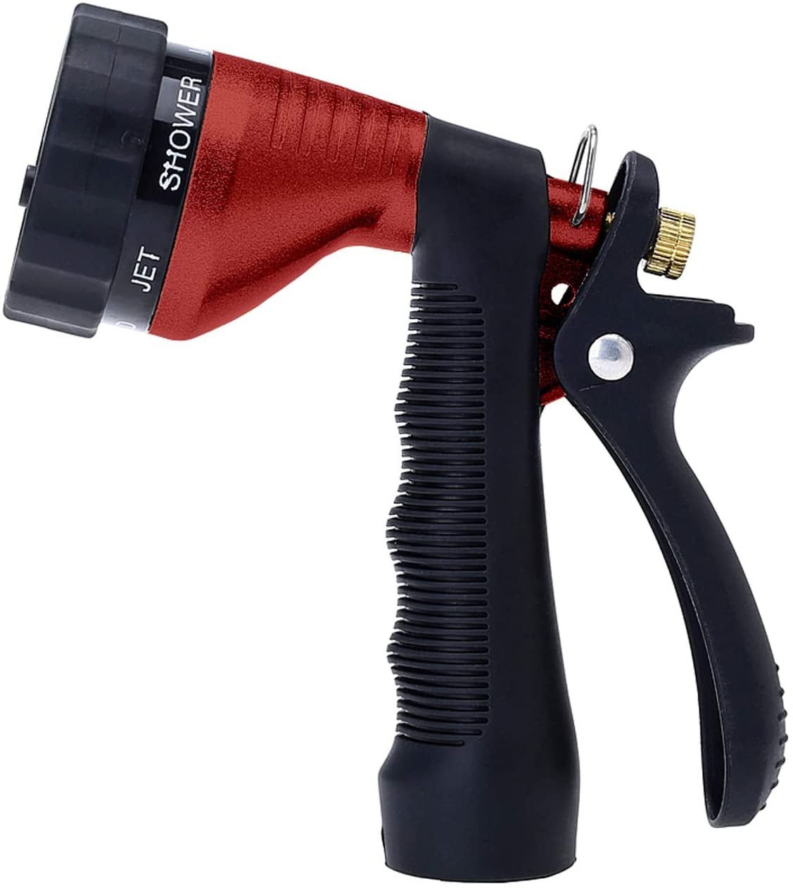 Red and Black Metal Garden Hose Nozzle with Adjustable Spray Patterns