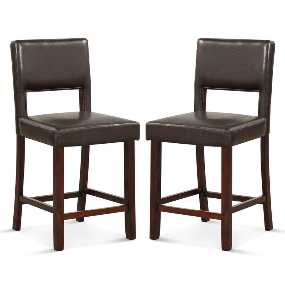 Brown Faux Leather and Wood Bar Height Stools, Set of 2