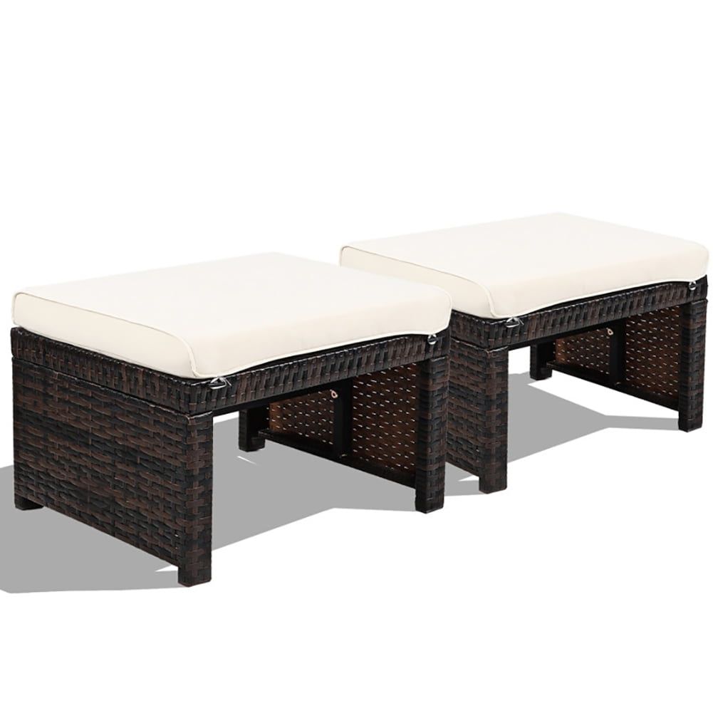 White PE Rattan Outdoor Ottomans with Cushions, Set of 2