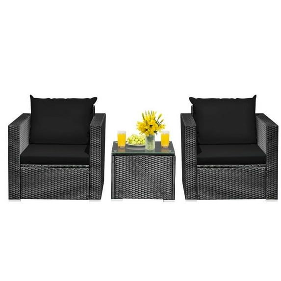 Black Wicker 2-Person Patio Conversation Set with Cushions and Glass Table