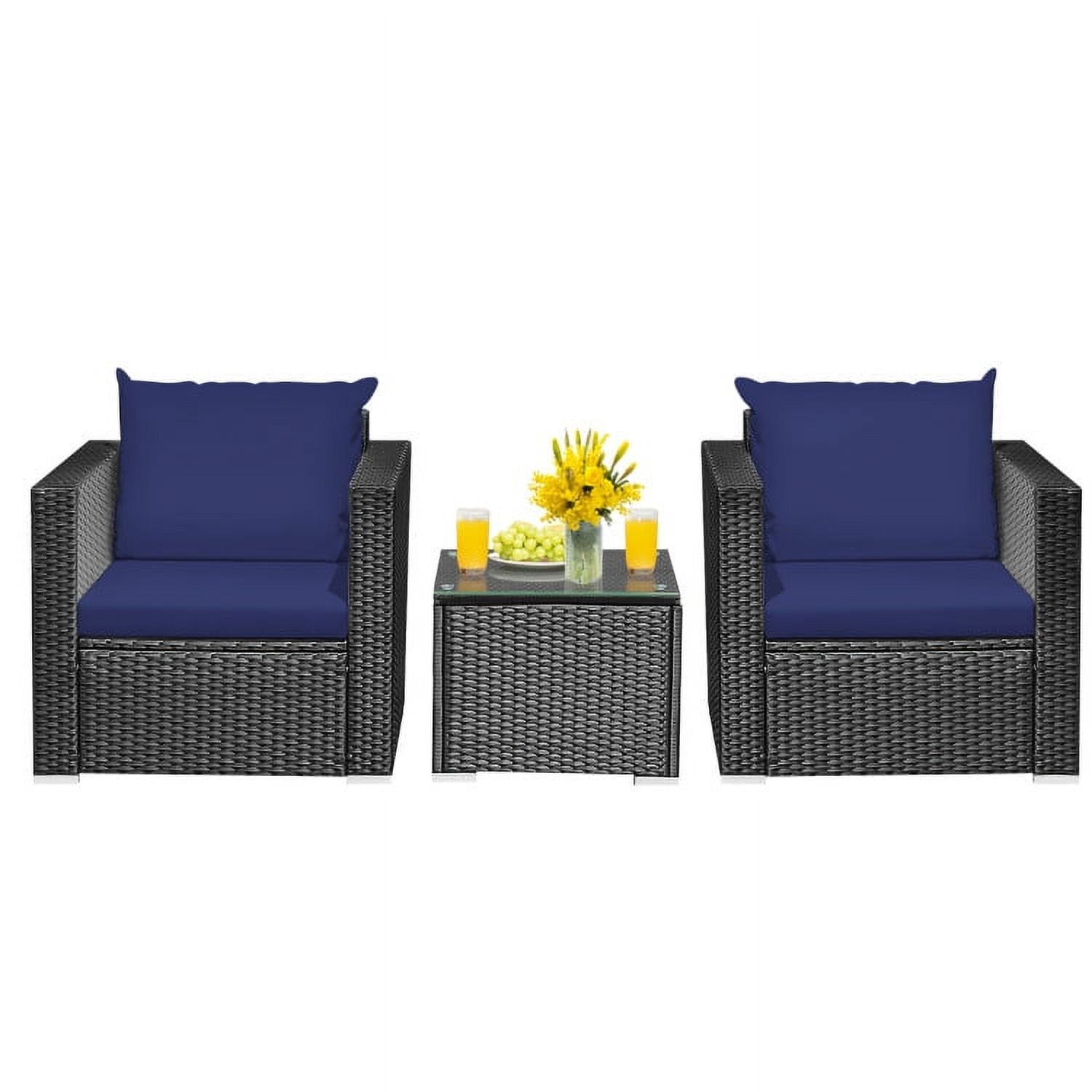 Navy 3-Piece Wicker Patio Conversation Set with Cushions and Glass Tabletop