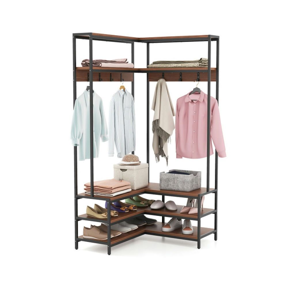 Rustic Brown and Black Corner Garment Rack with Shelves and Hooks