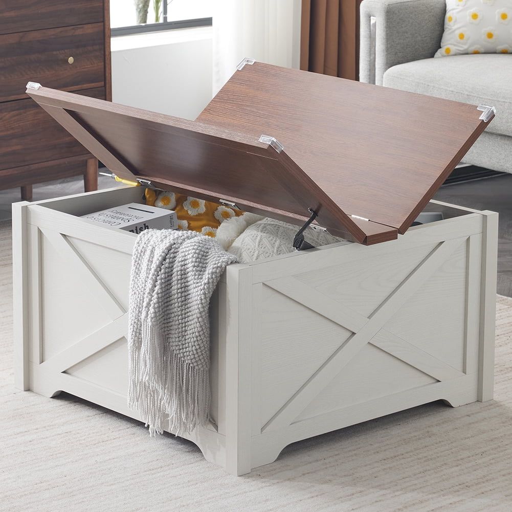 White and Brown Square Wood Lift-Top Coffee Table with Storage