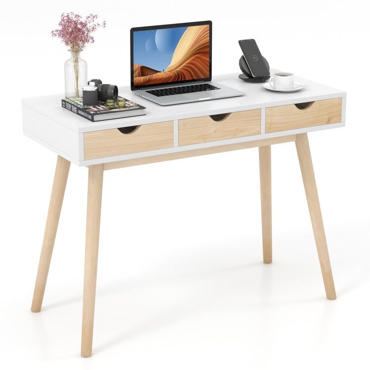 White and Natural Wood Desk with Three Drawers