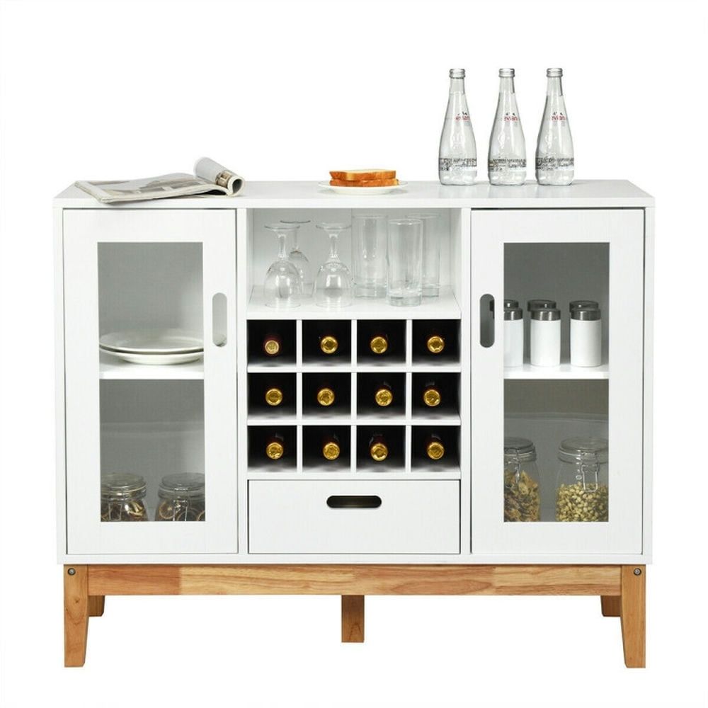 White and Natural Wood Wine Storage Cabinet Sideboard with Glass Doors