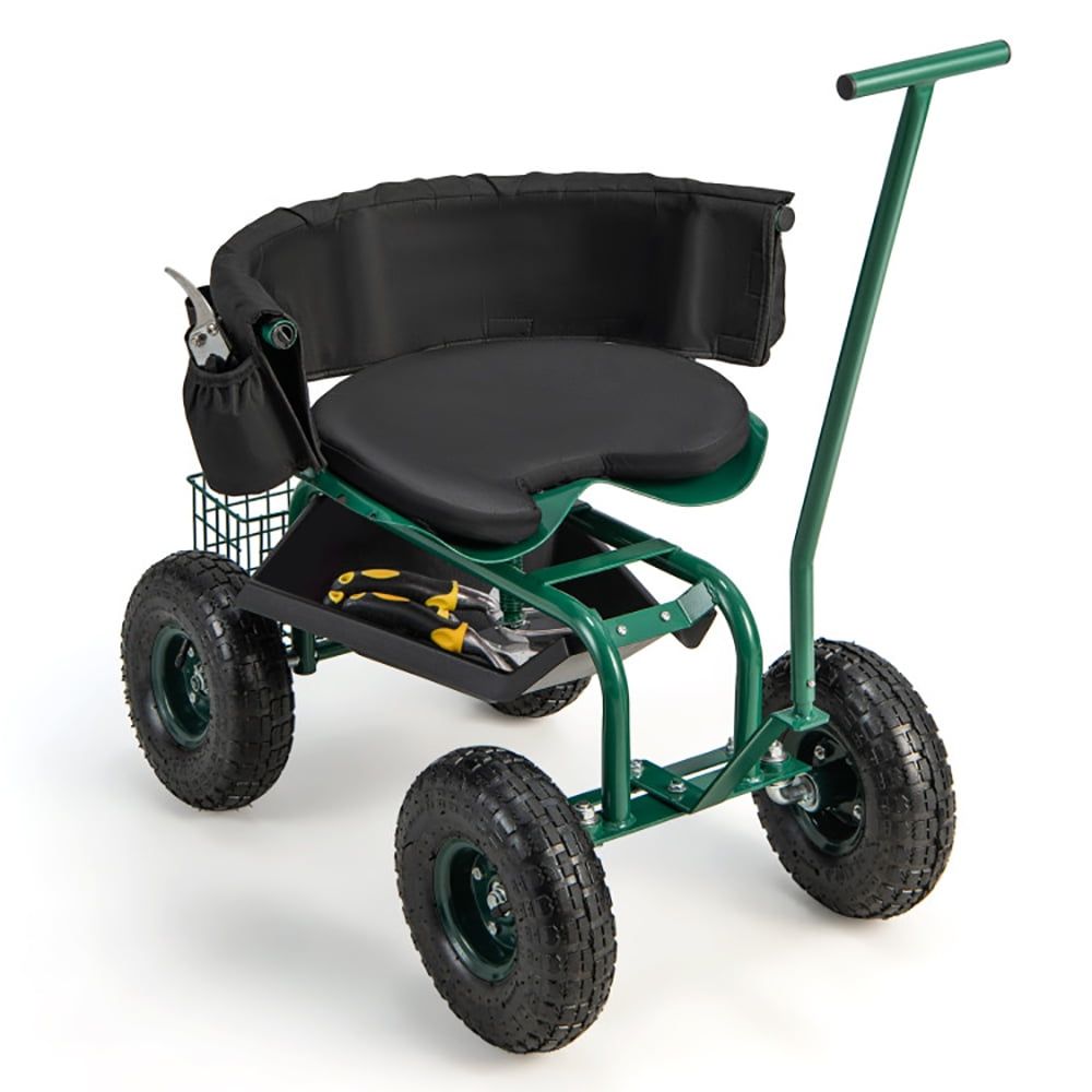 Green Metal Rolling Garden Cart with Adjustable Swivel Seat