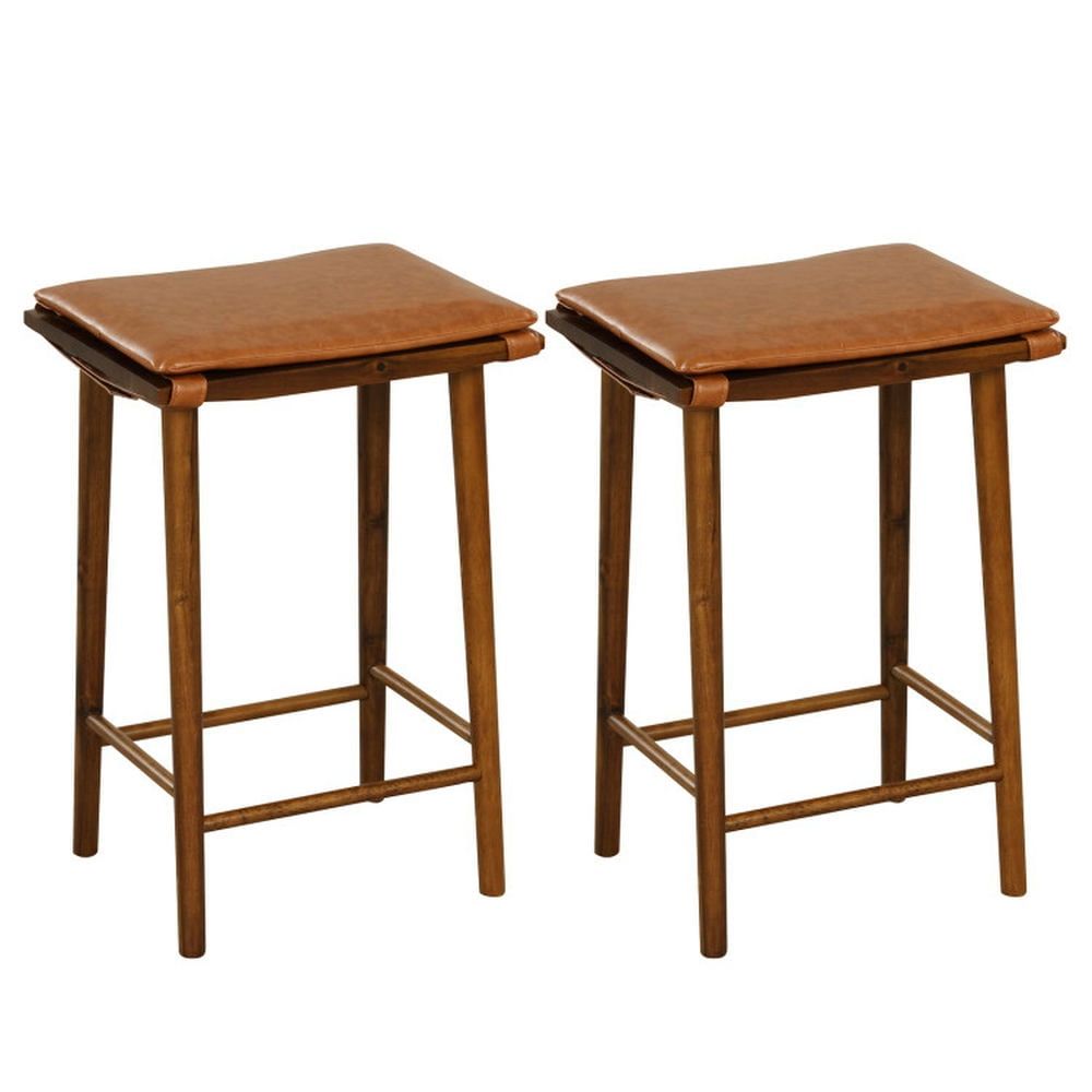 Rustic Brown Wood Barstools with Leather Cushions, Set of 2