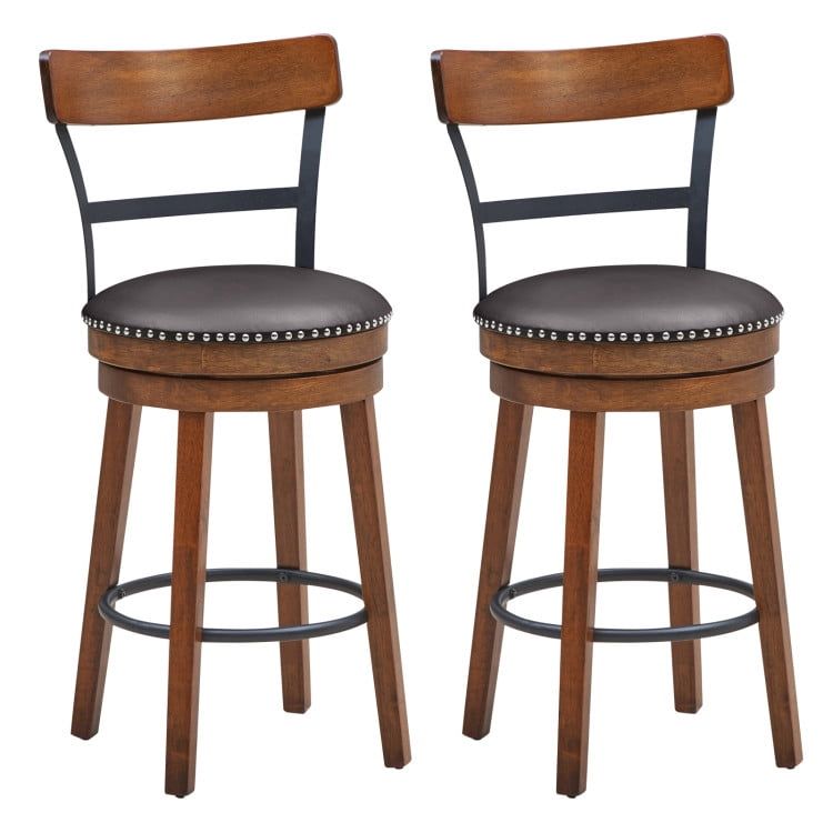 Set of 2 Brown Wood and Leather Swivel Counter Stools