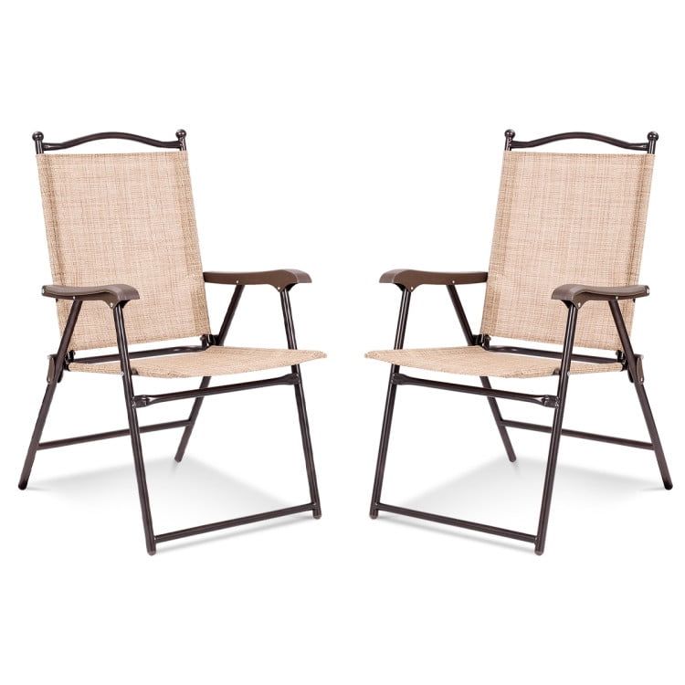 Beige Steel Frame Folding Outdoor Sling Chairs, Set of 2