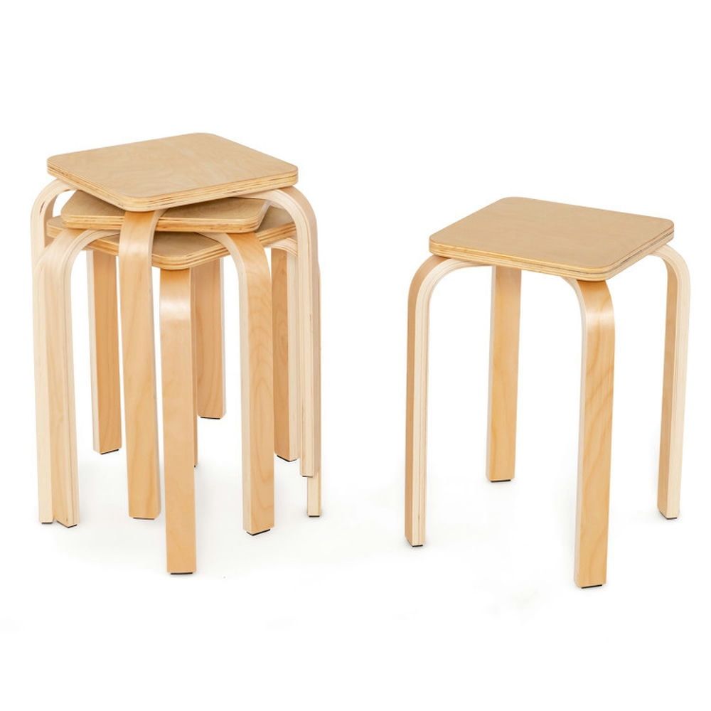 Natural Birch Wood Stackable Backless Stools Set of 4