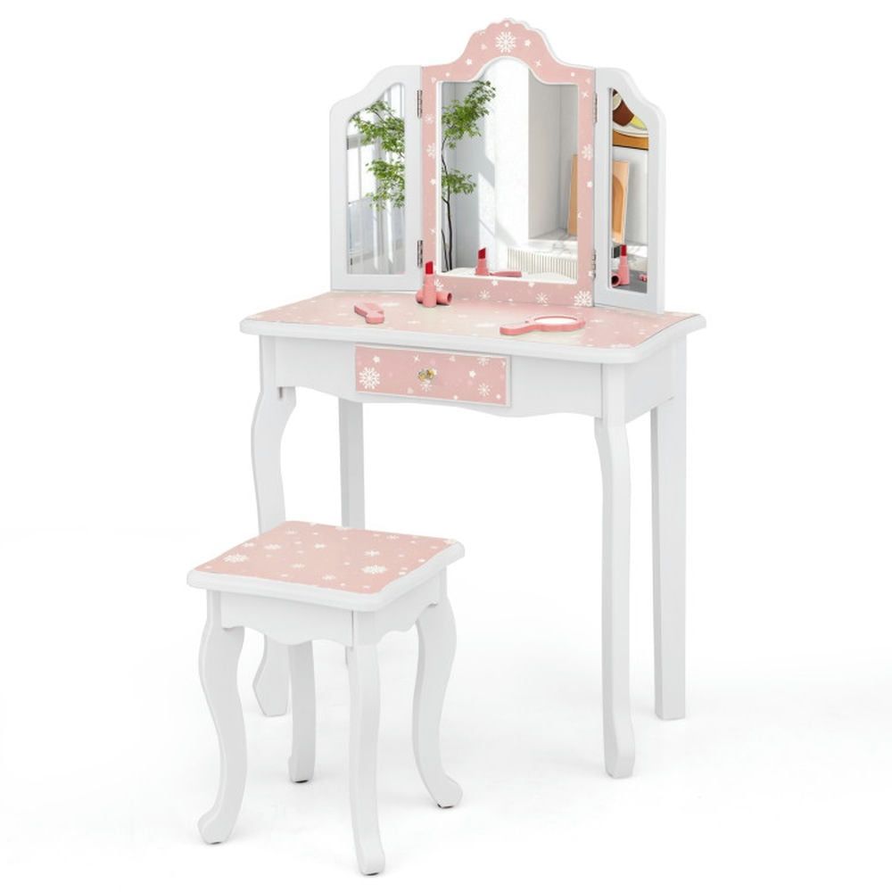 Pink Snowflake Print Kids Vanity Set with Mirror and Stool