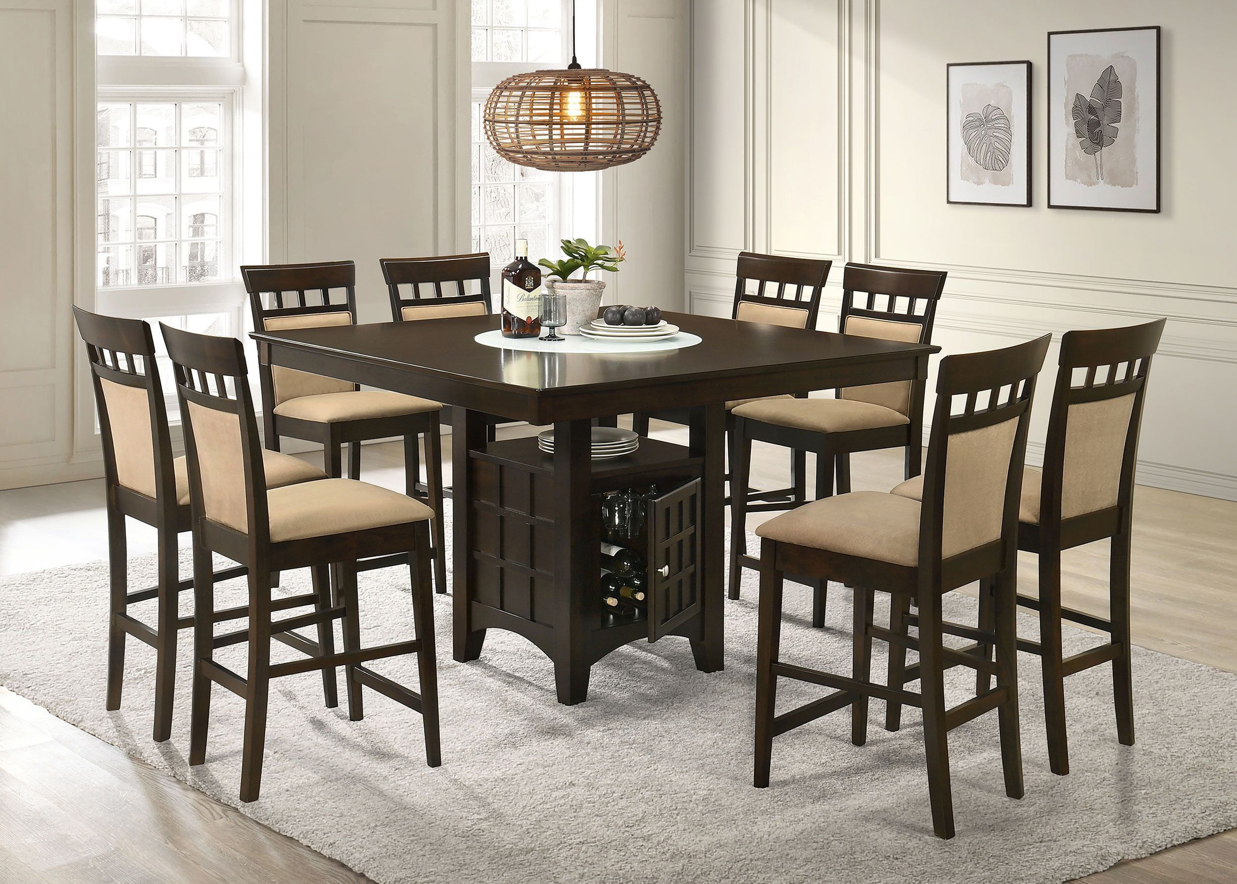 Gabriel Cappuccino Square Wood Counter Height Dining Set with Beige Upholstery