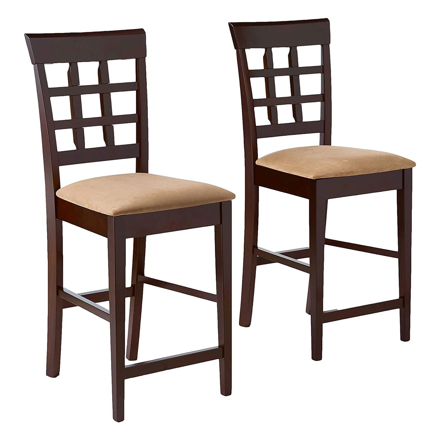 Cappuccino Wood Grid Back Bar Stools with Cream Cushions, Set of 2