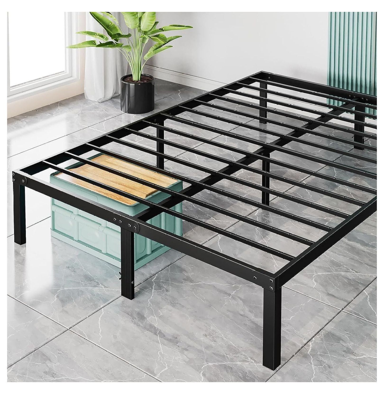 Queen Size Black Metal Bed Frame with Storage and Slats