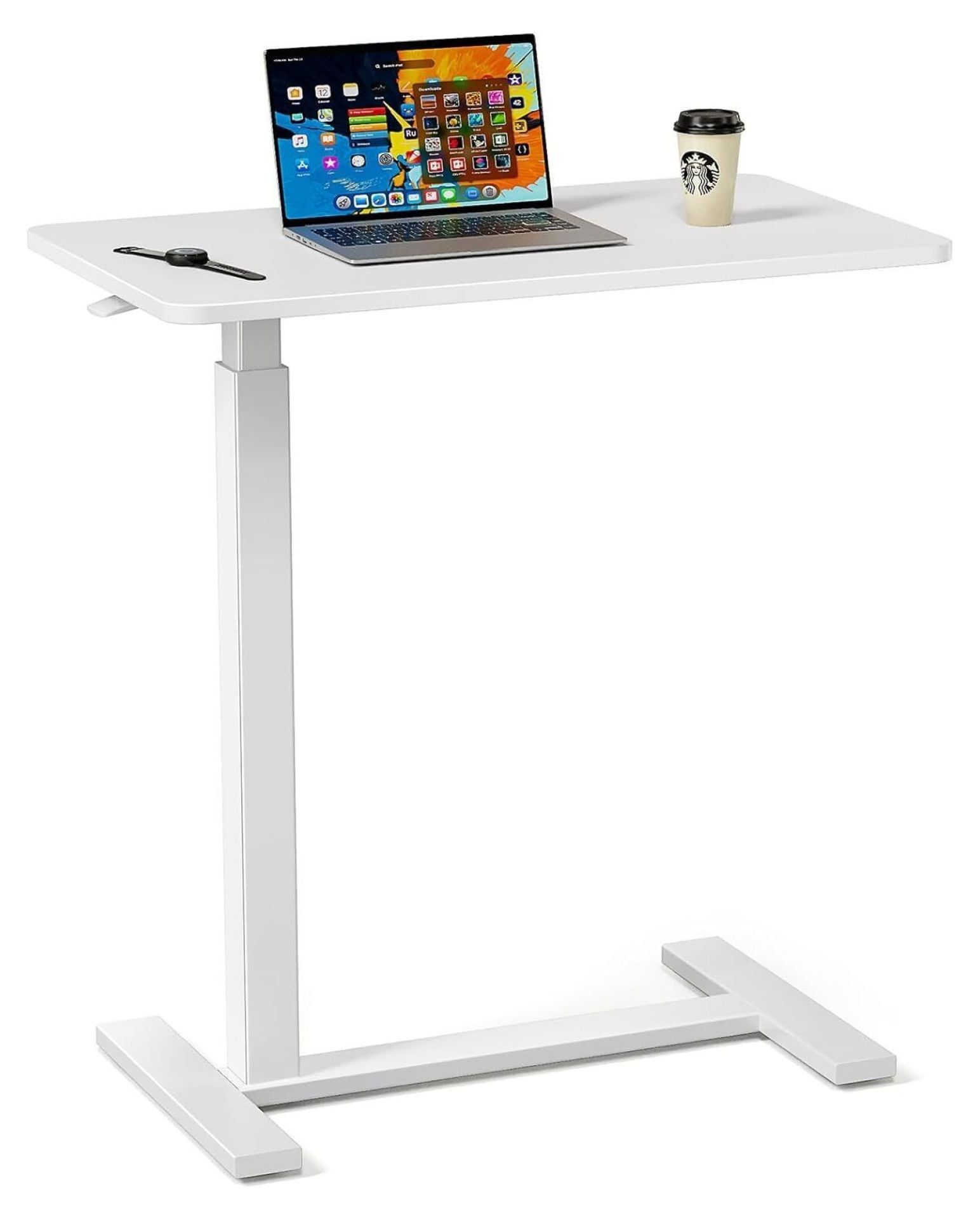 Small White Adjustable Overbed Laptop Desk with Wheels