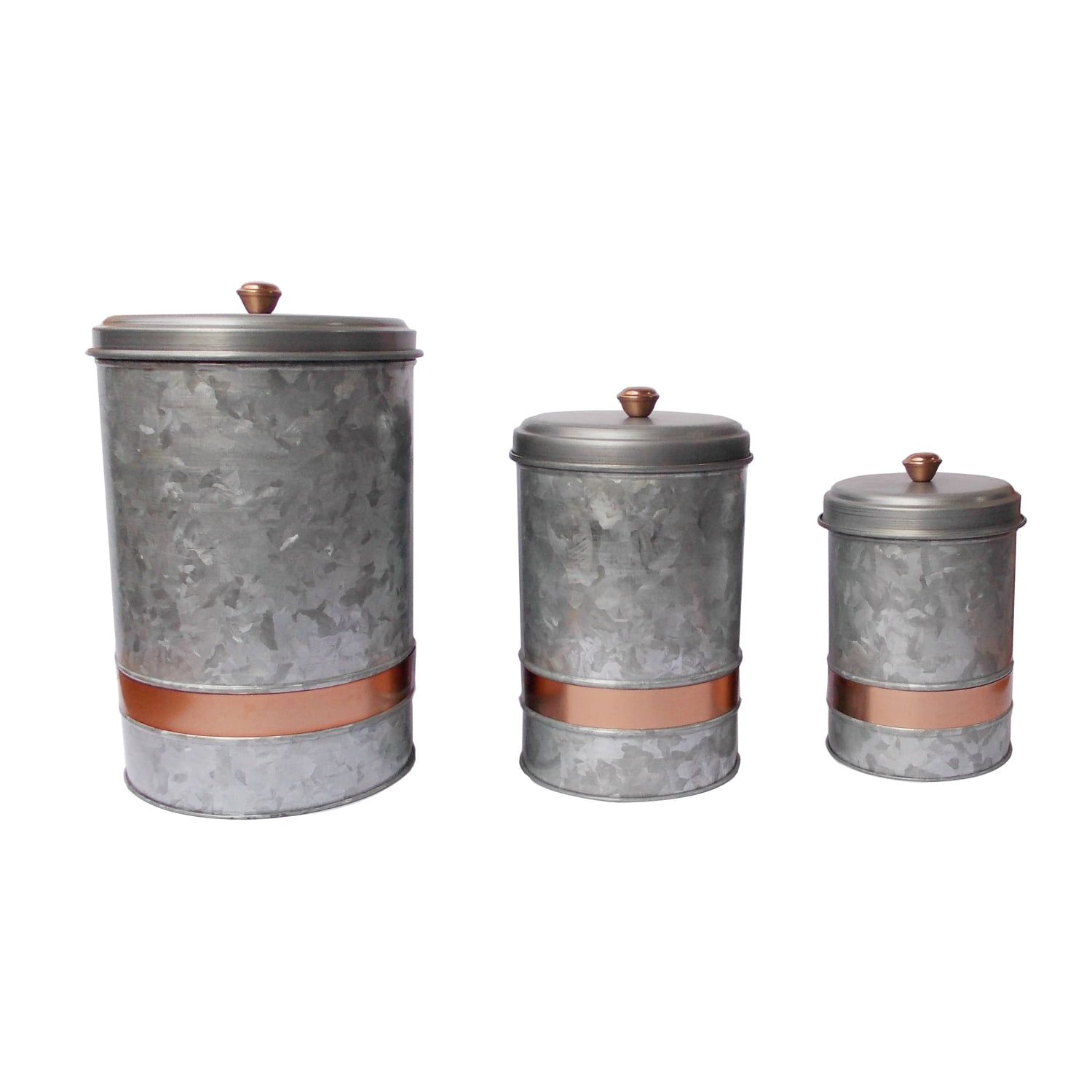 Galvanized Metal and Copper Band Canister Set, Silver