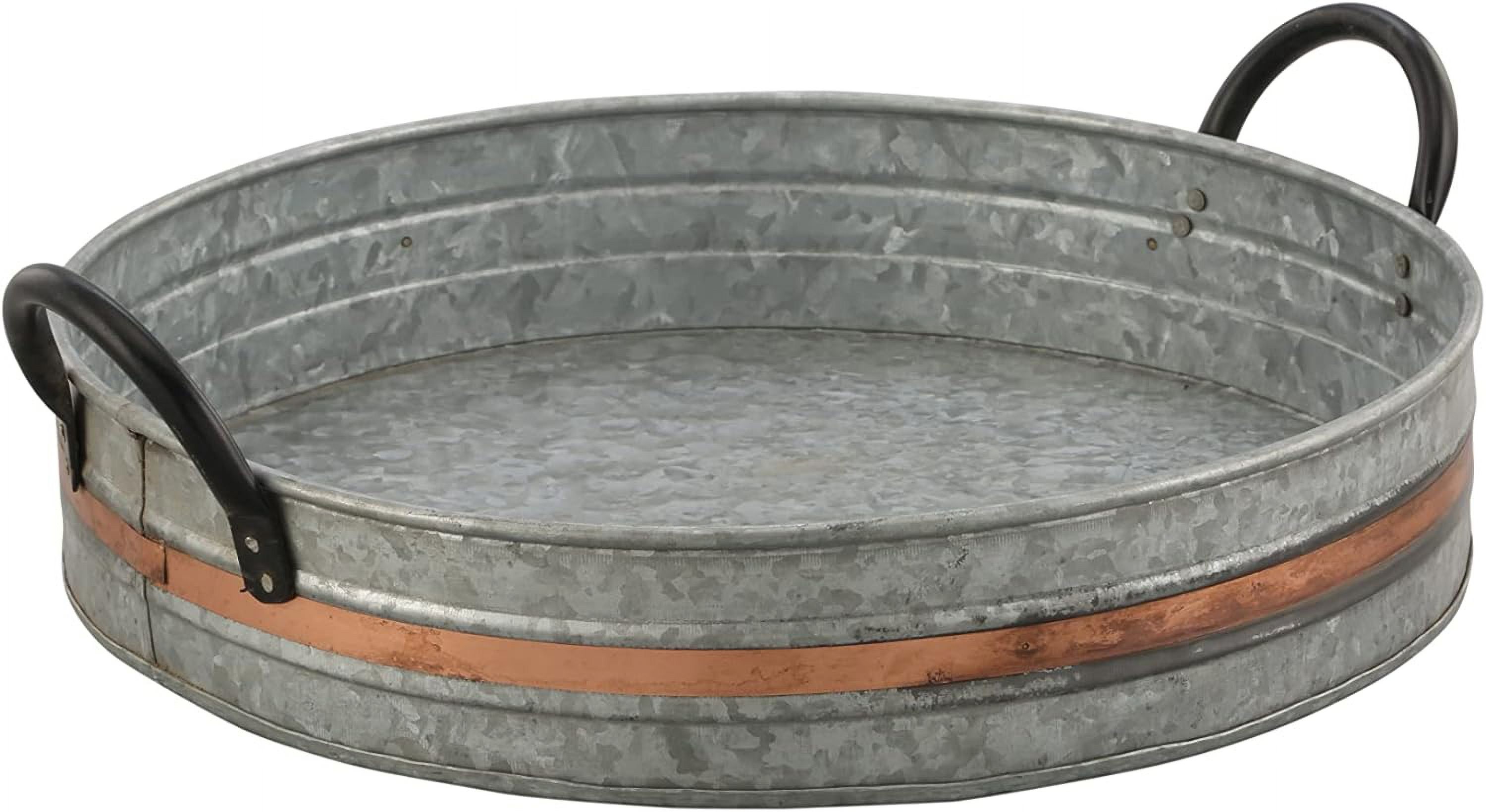 Round Galvanized Metal Serving Tray with Copper Strip and Black Handles