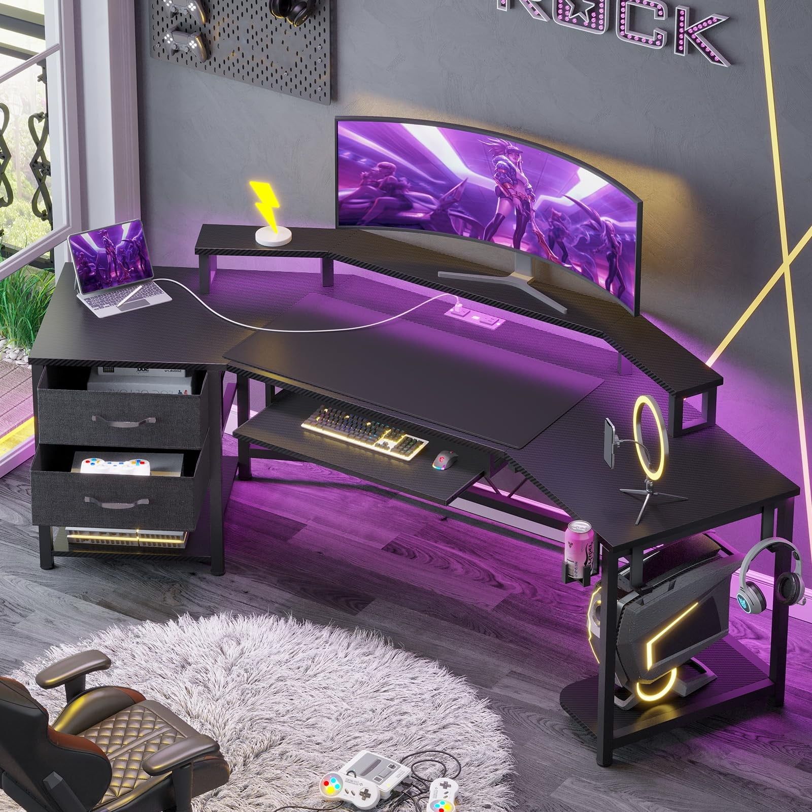 ADORNEVE Adult Collection Combat 2 Fabric Drawers and RGB LED Light Black Gaming Desk, Black