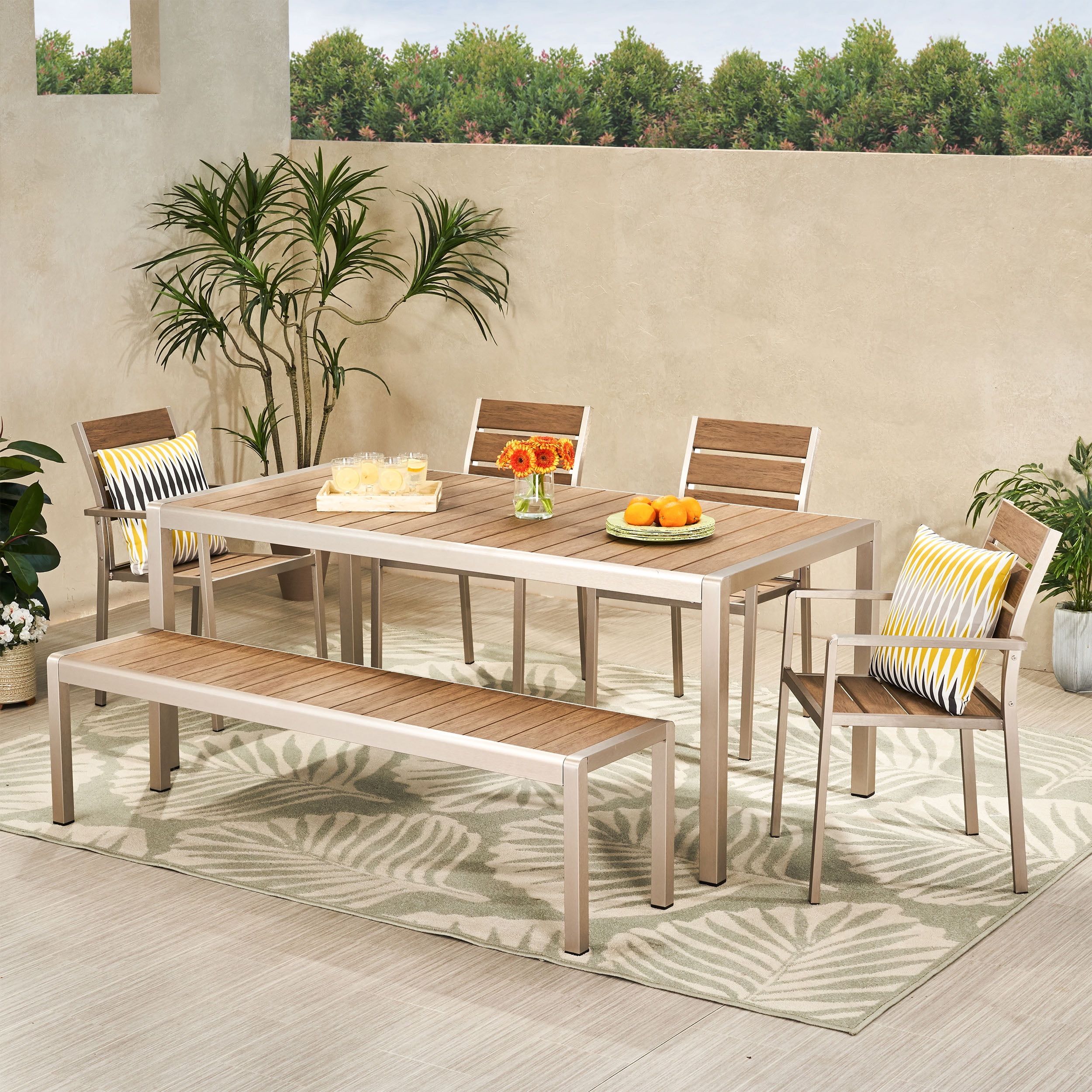 Natural Brown and Silver Aluminum 6-Piece Outdoor Dining Set