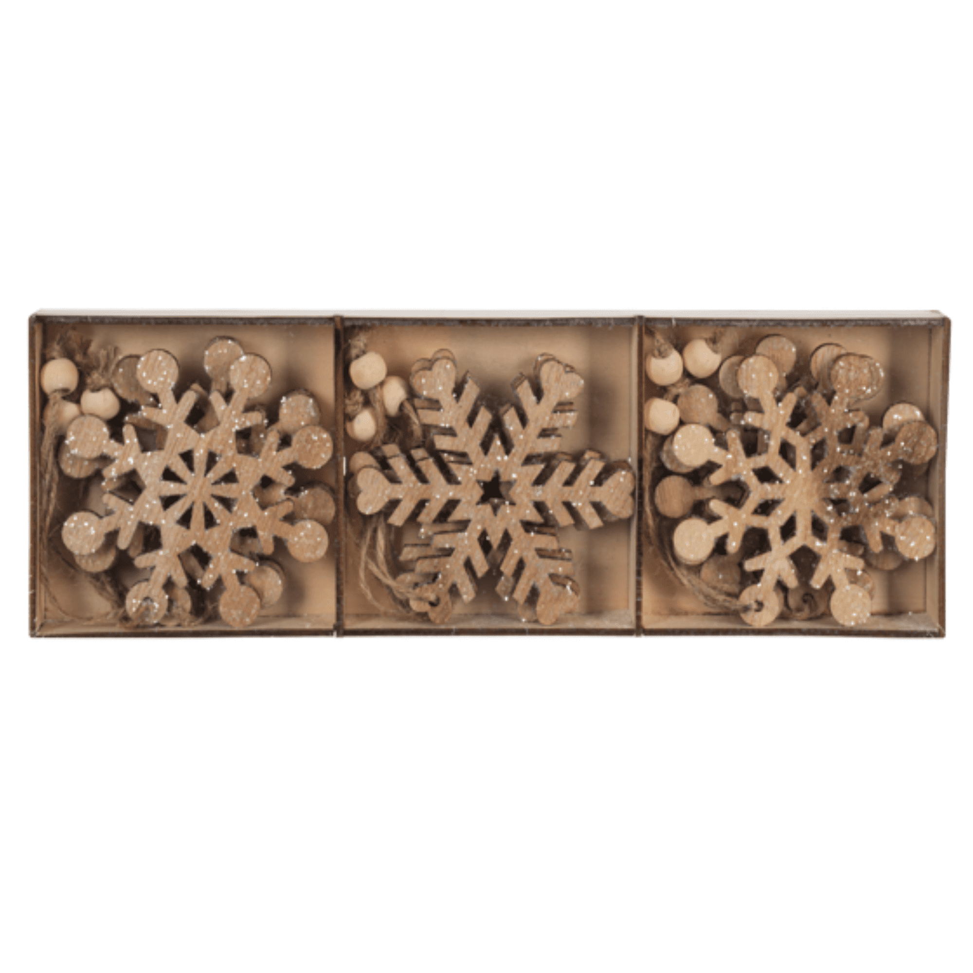 Natural Wooden Snowflake Ornament Boxed Set, 9-Piece Assorted Styles