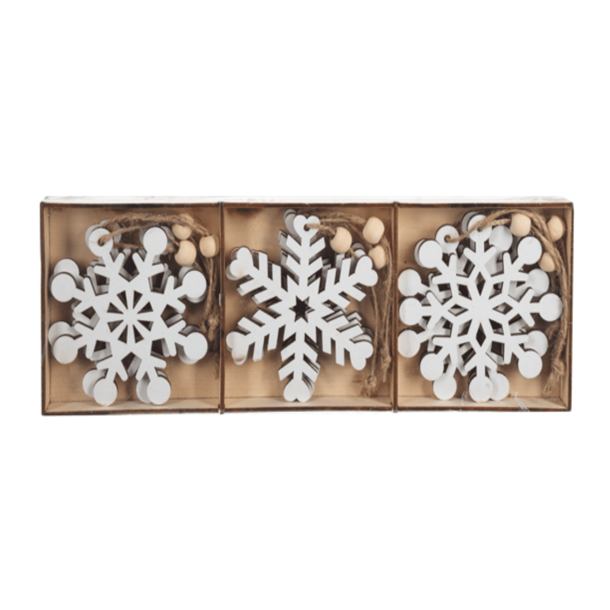 White Wooden Snowflake Ornament Set with Rustic String, 9-Piece