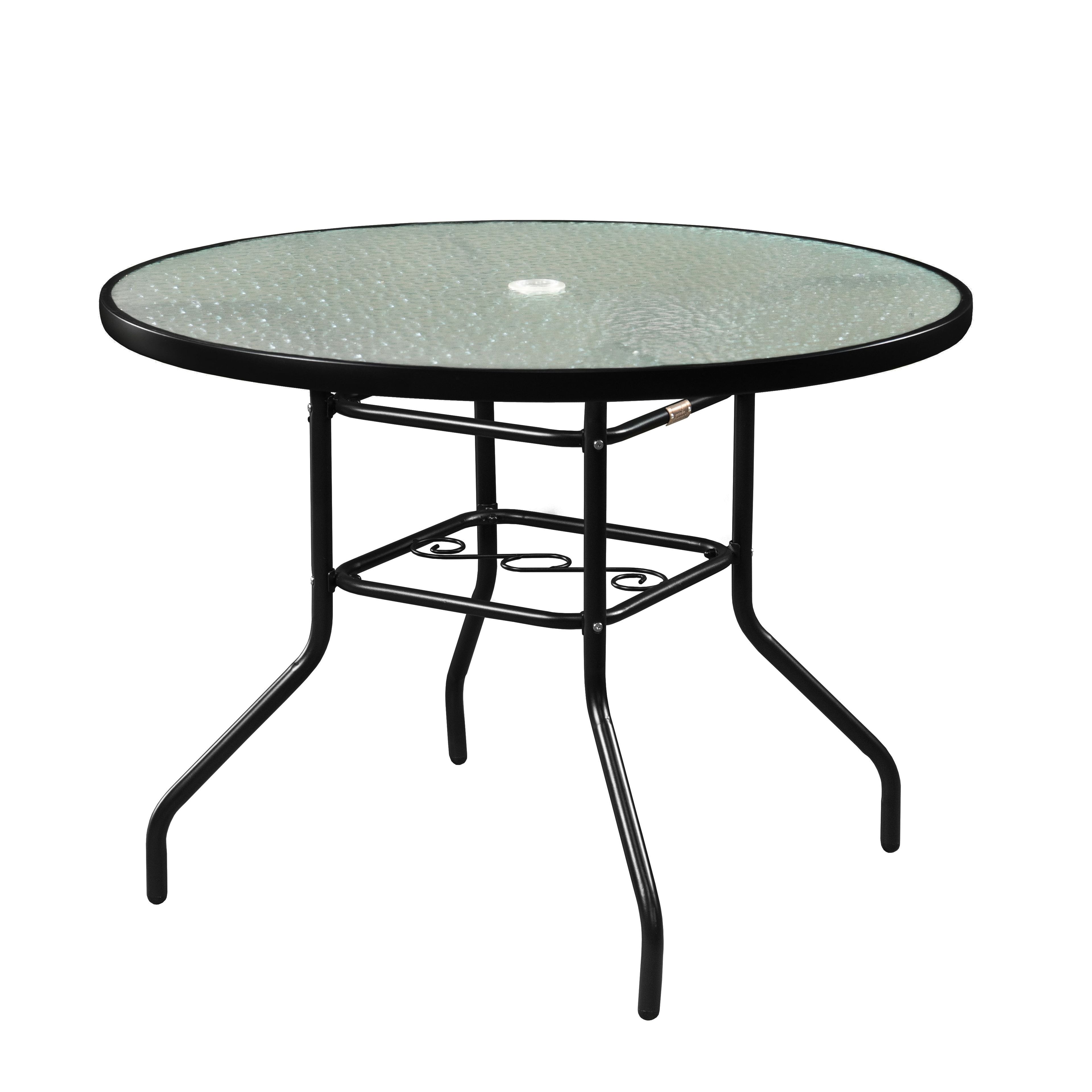 Black Steel Round Patio Dining Table with Wavy Glass Top