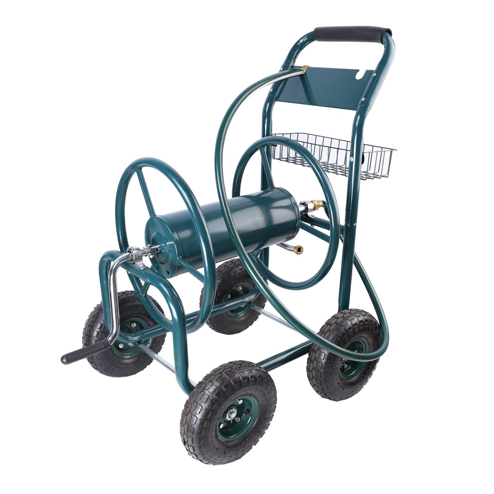 Green Heavy-Duty Steel Garden Hose Reel Cart with Storage Basket