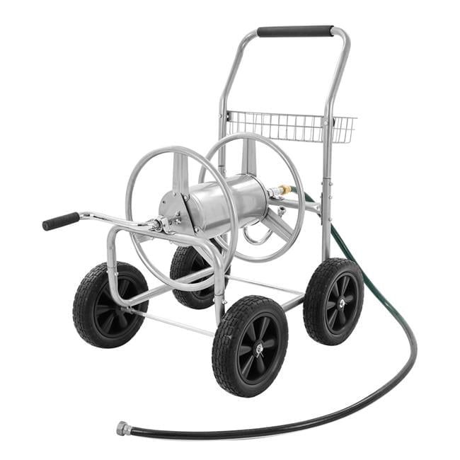 Heavy-Duty Steel Garden Hose Reel Cart with Storage Basket