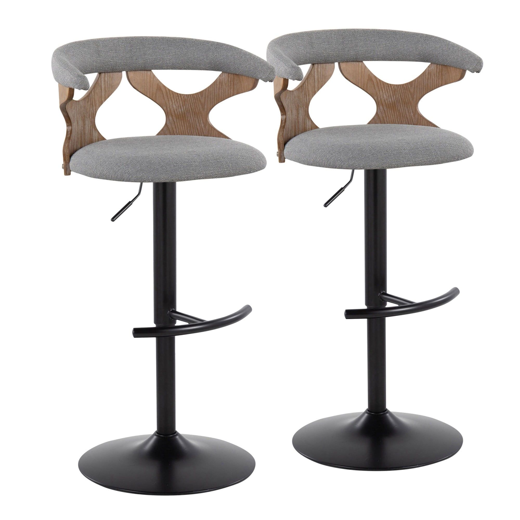 Gardenia Adjustable Swivel Bar Stools with Light Grey Fabric and Whitewashed Wood