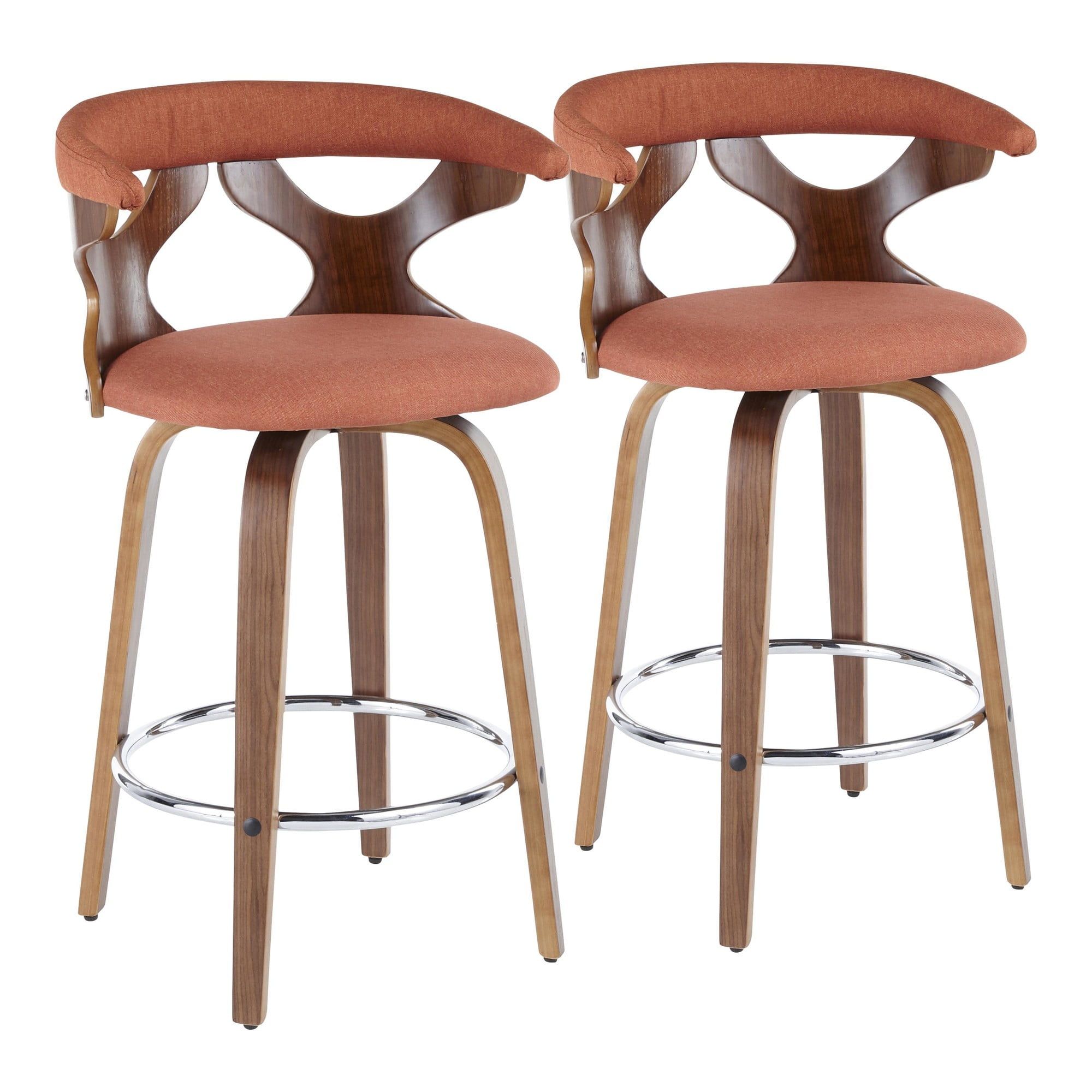 Walnut and Orange Swivel Mid-Century Modern Counter Stools