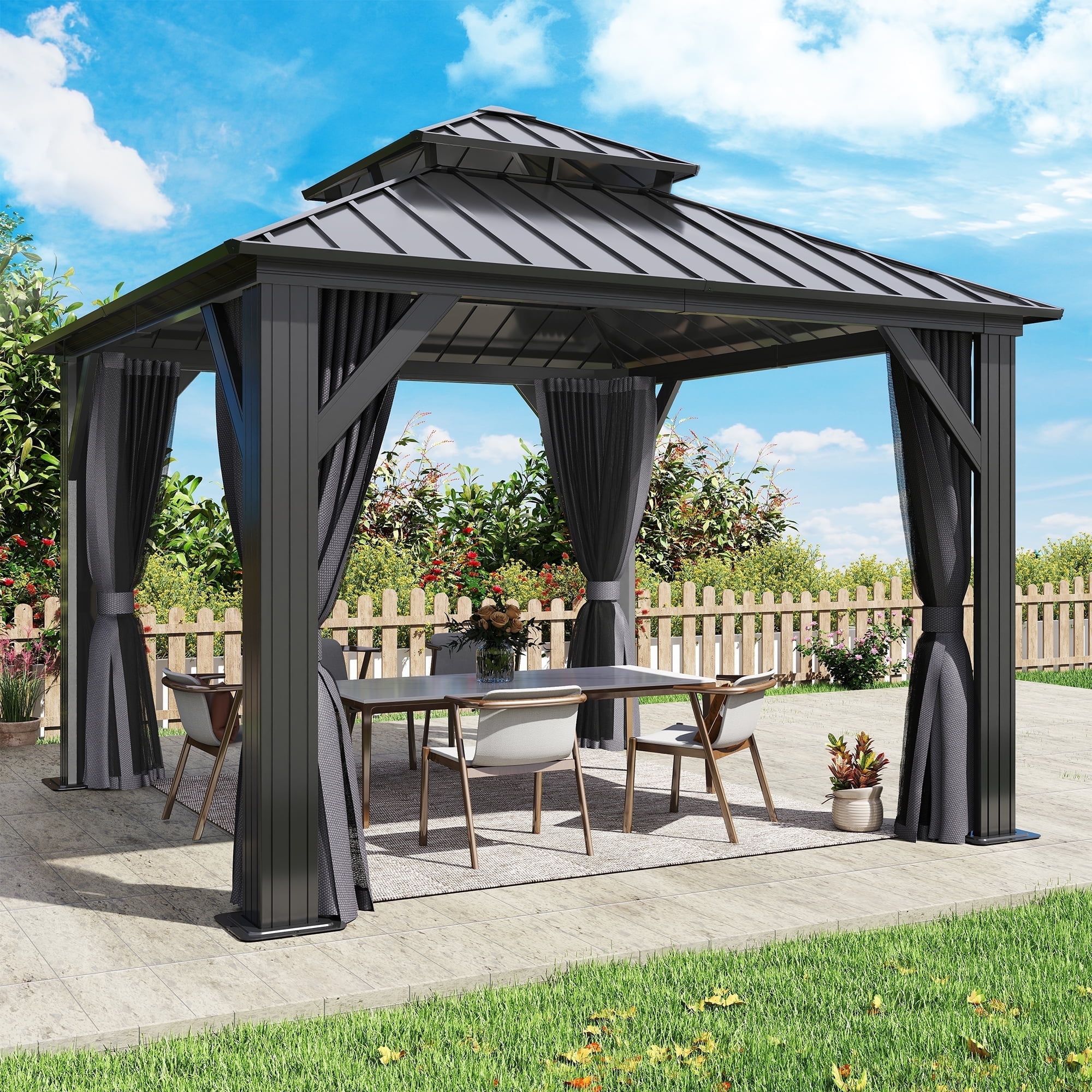 10x10 Black Aluminum Frame Double Roof Gazebo with Netting and Curtains