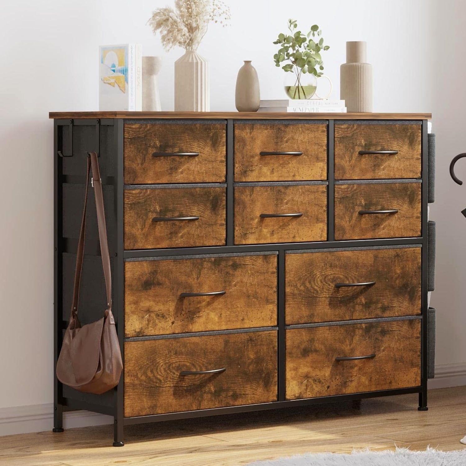 Rustic Brown 10-Drawer Industrial Dresser with Levelers