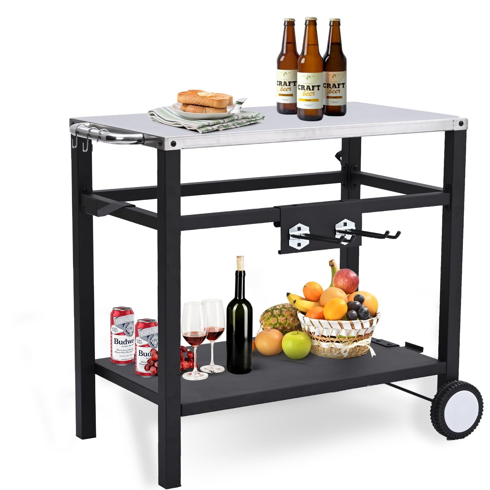 Black and Silver Double-Shelf Outdoor Grill Cart with Wheels