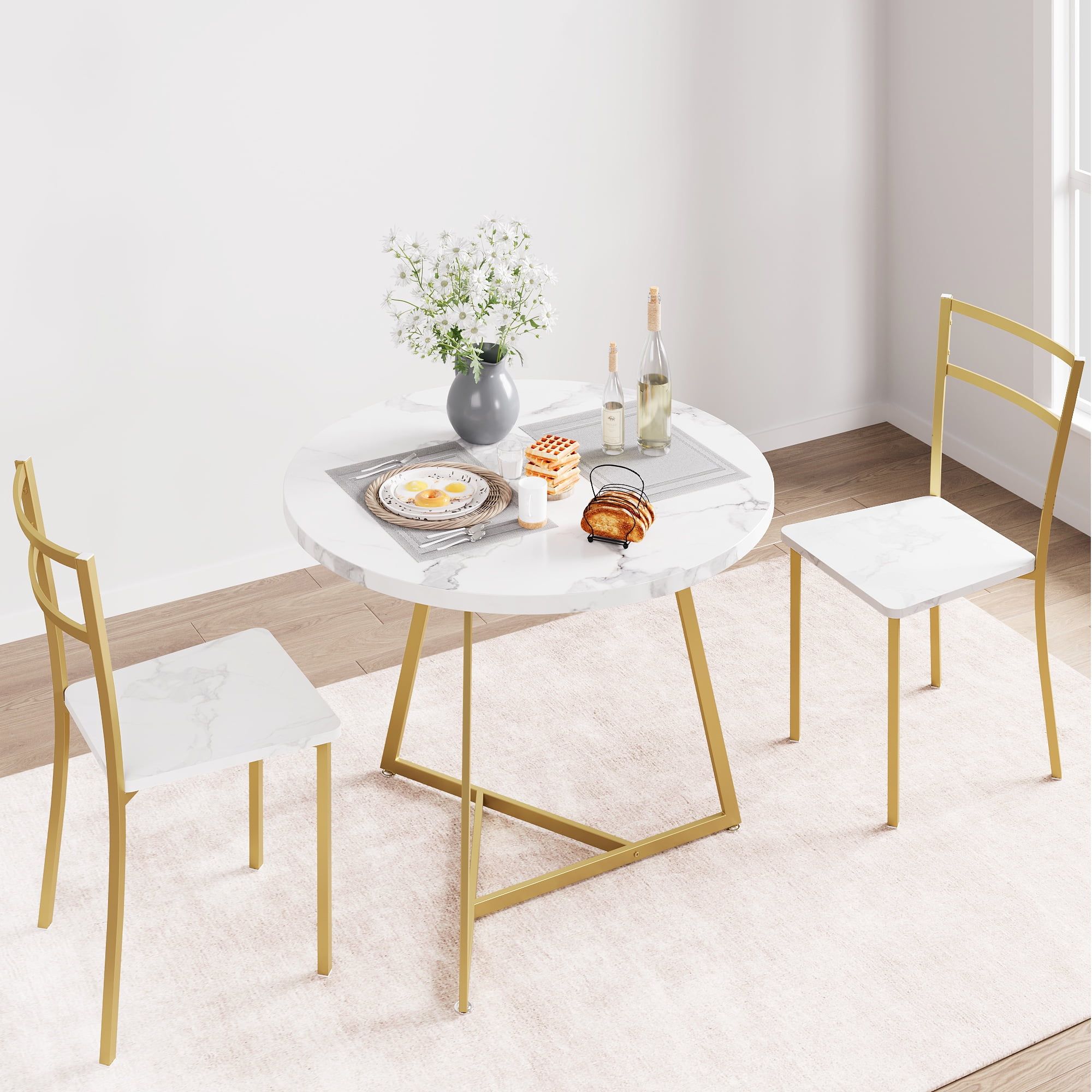 Marble White and Gold Round Dining Table Set for 2