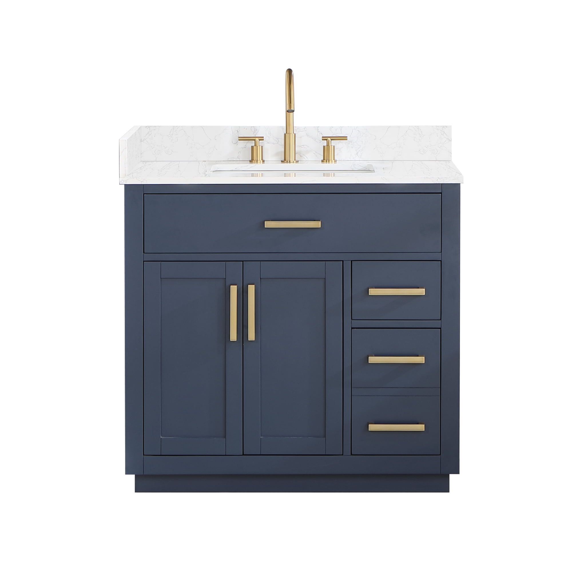 Royal Blue 36" Freestanding Vanity with Grain White Top & Gold Accents