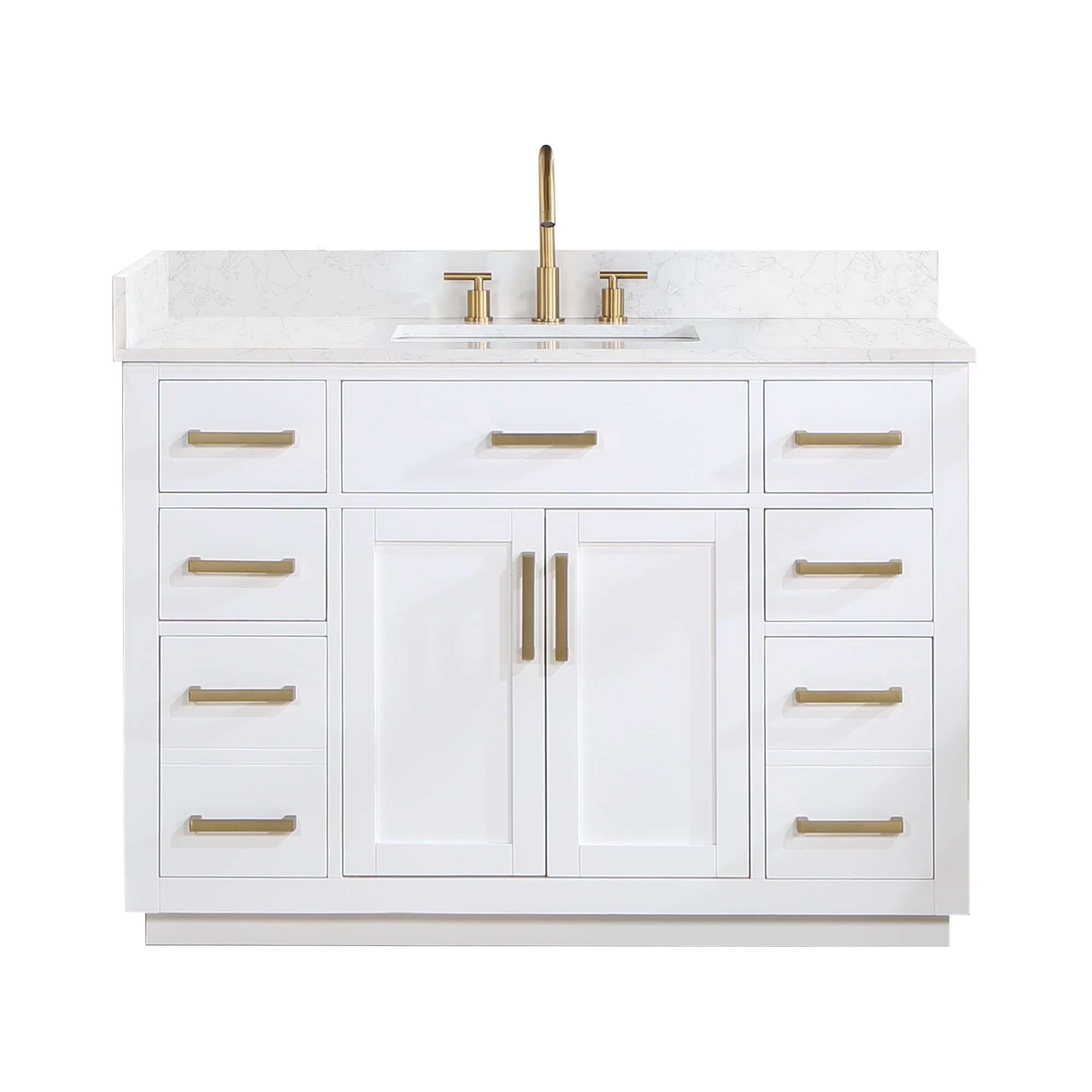 Elegant Gavino 48" White Vanity with Grain White Engineered Stone Top and Gold Accents