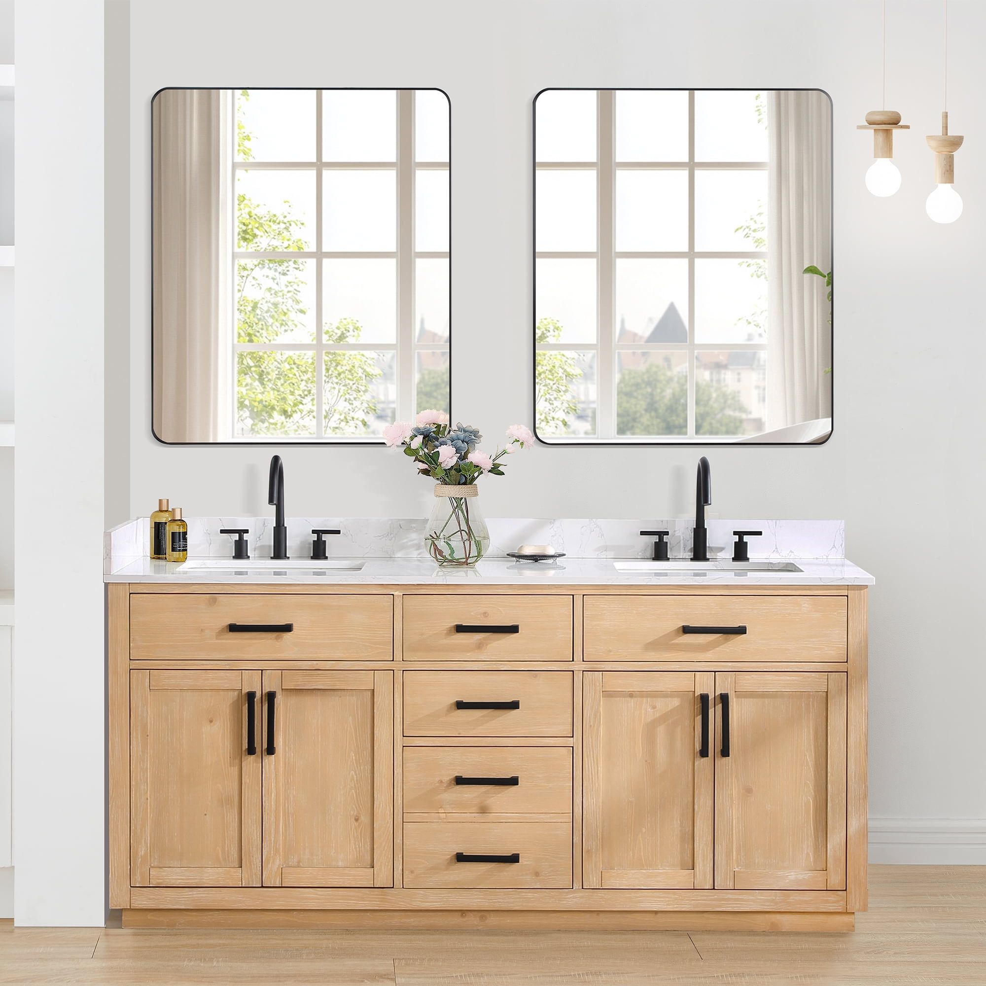 Gavino 72" Light Brown Wood Vanity with Composite Stone Top and Mirror