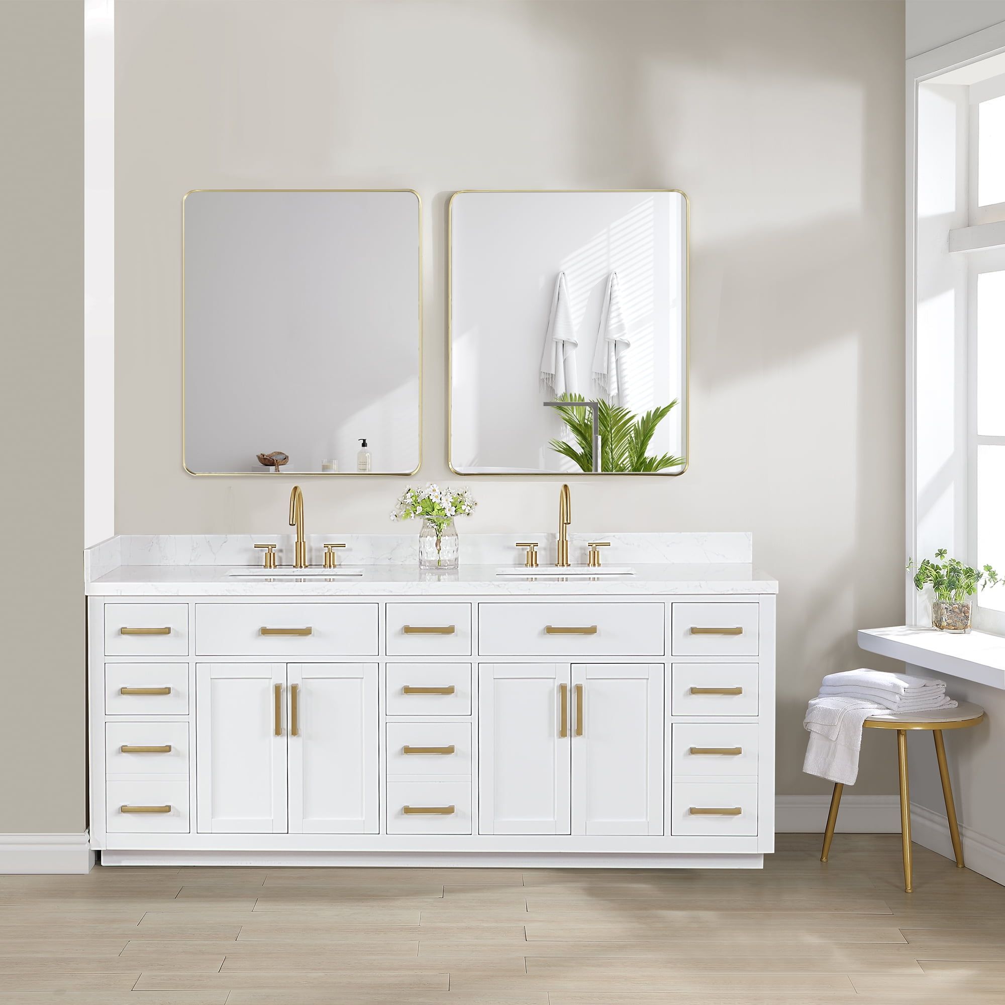 Gavino 84" White Wood Vanity with Composite Stone Top and Mirror