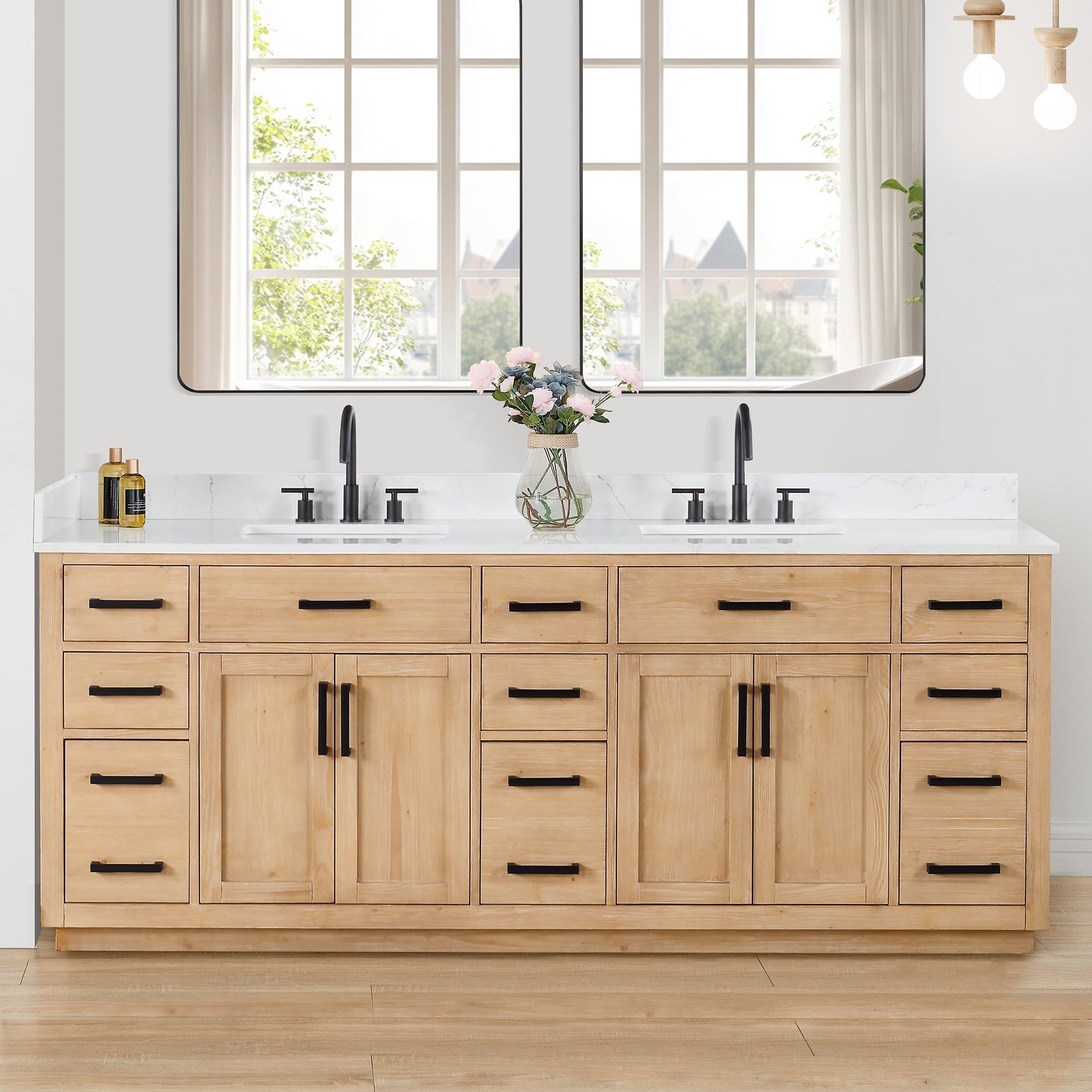 Gavino 84" Light Brown Wood Vanity with Composite Stone Top