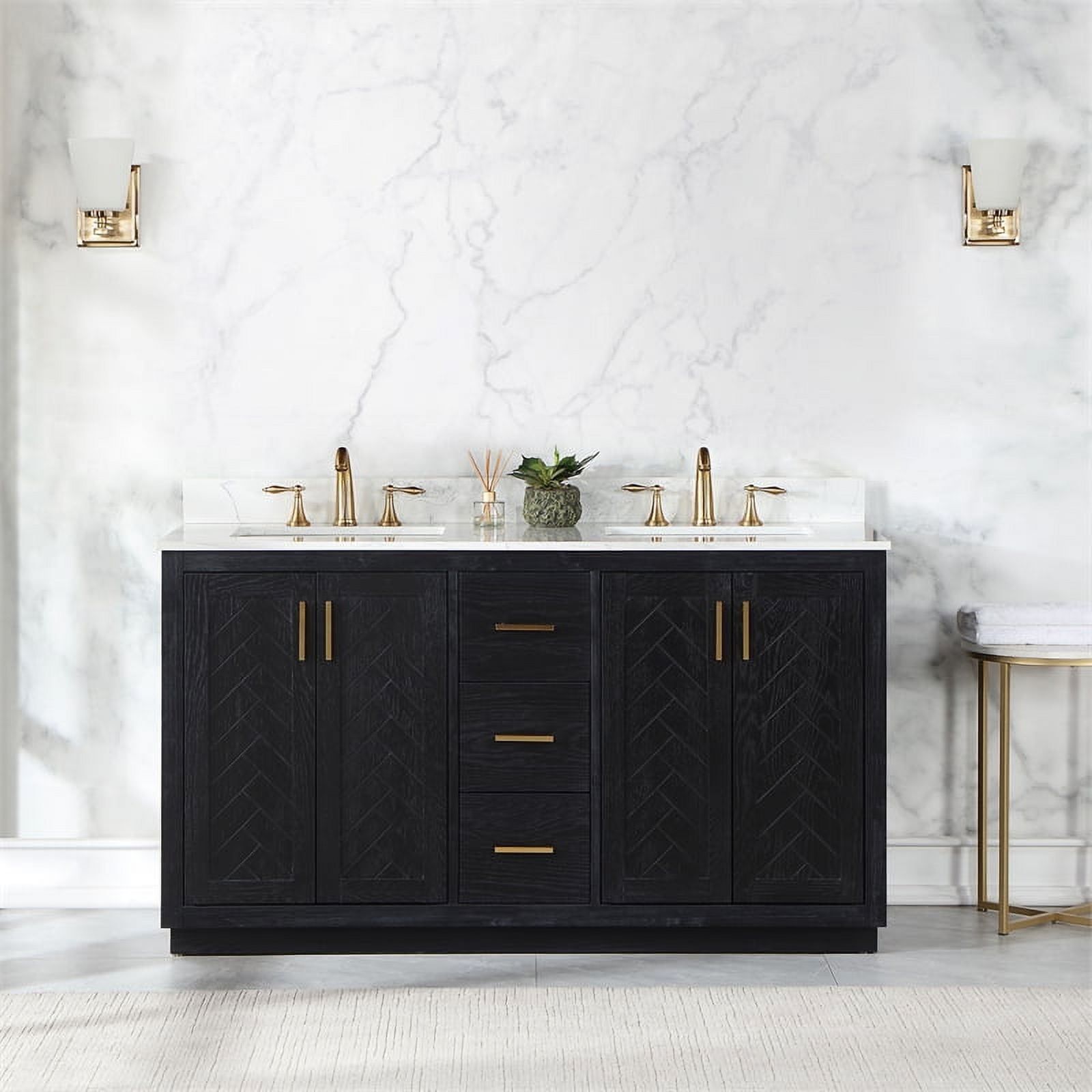 Gazsi 60" Black Oak Double Bathroom Vanity with White Stone Countertop