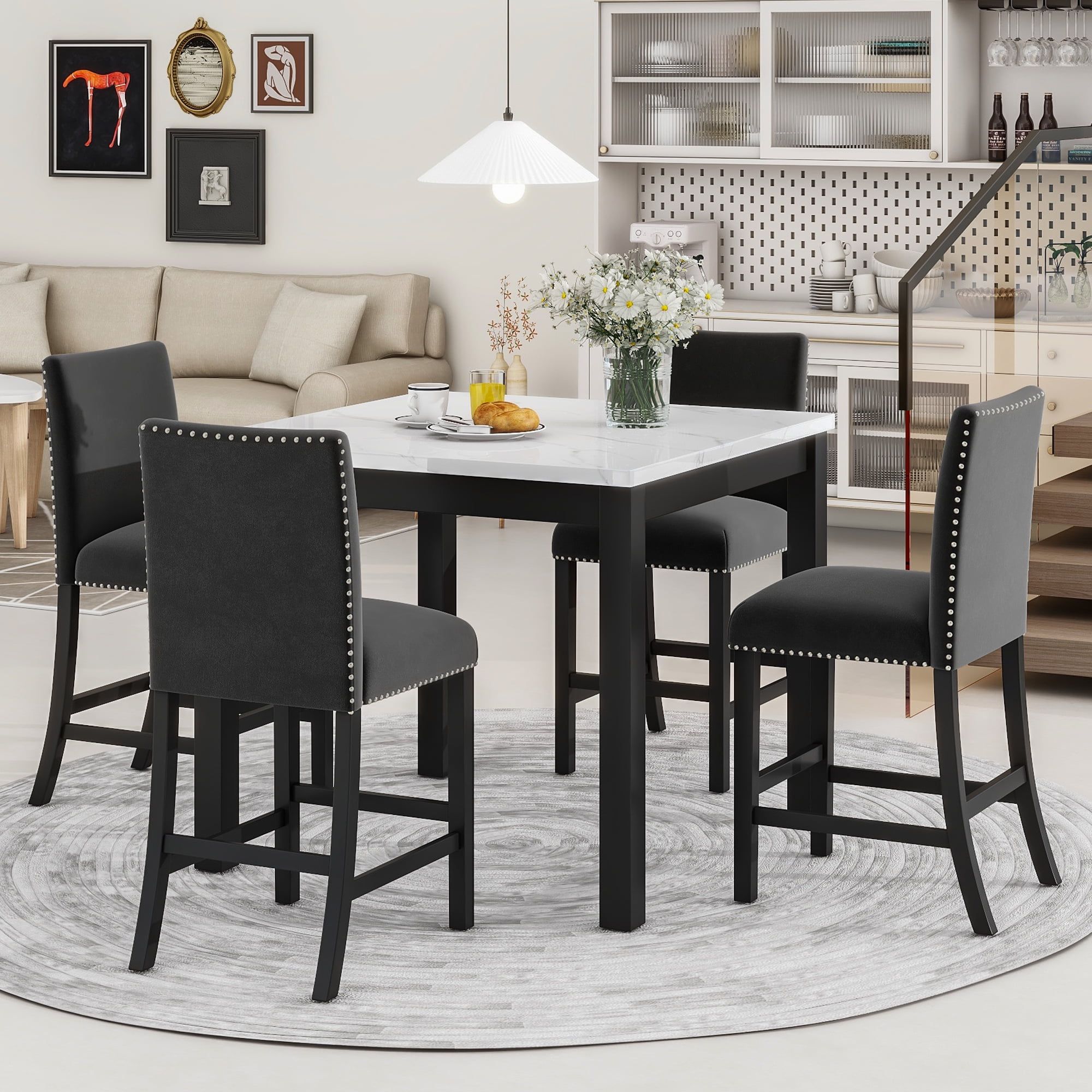 Black Faux Marble Top Dining Table Set with Velvet Chairs