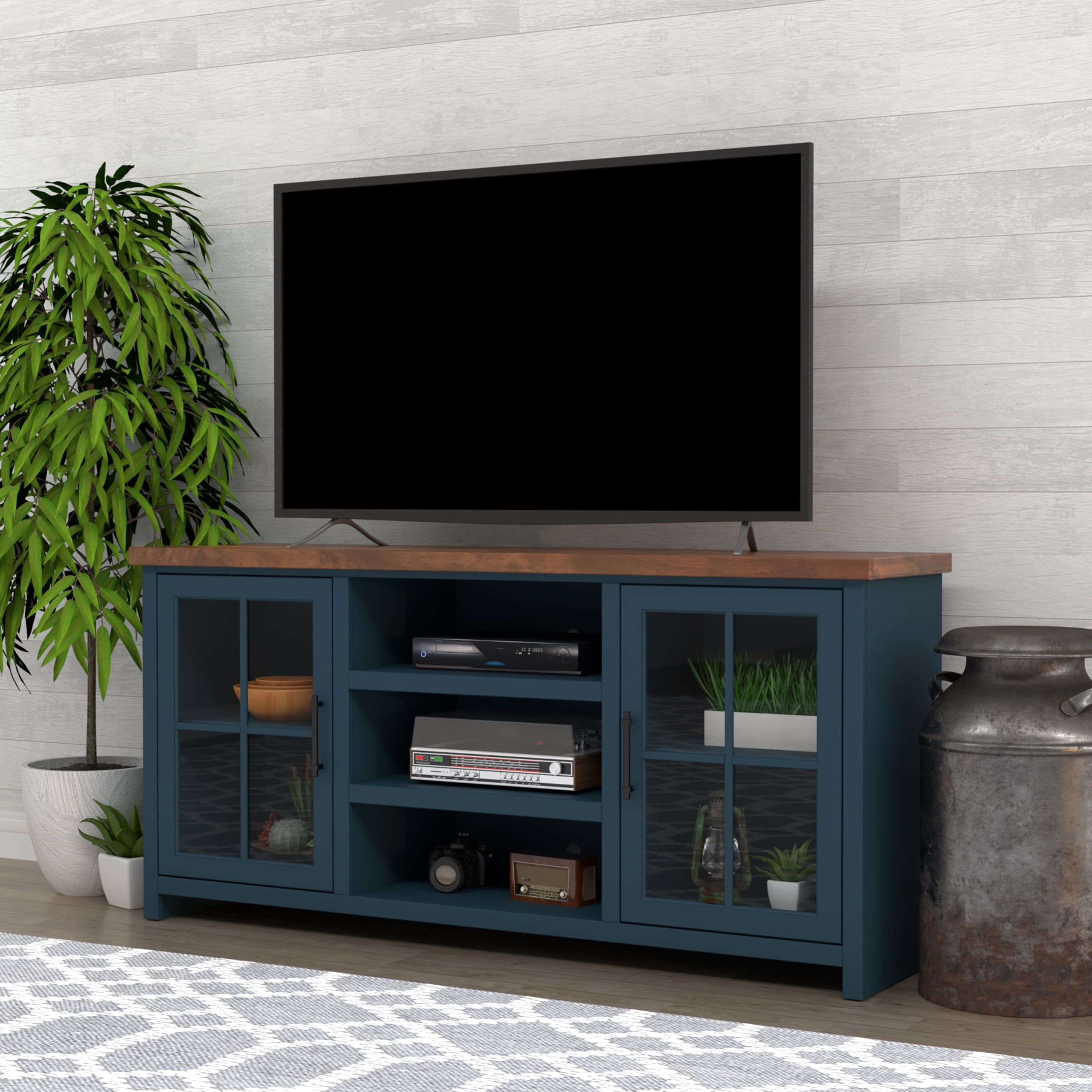 Nantucket 67" Blue Denim and Whiskey TV Stand with Cabinet