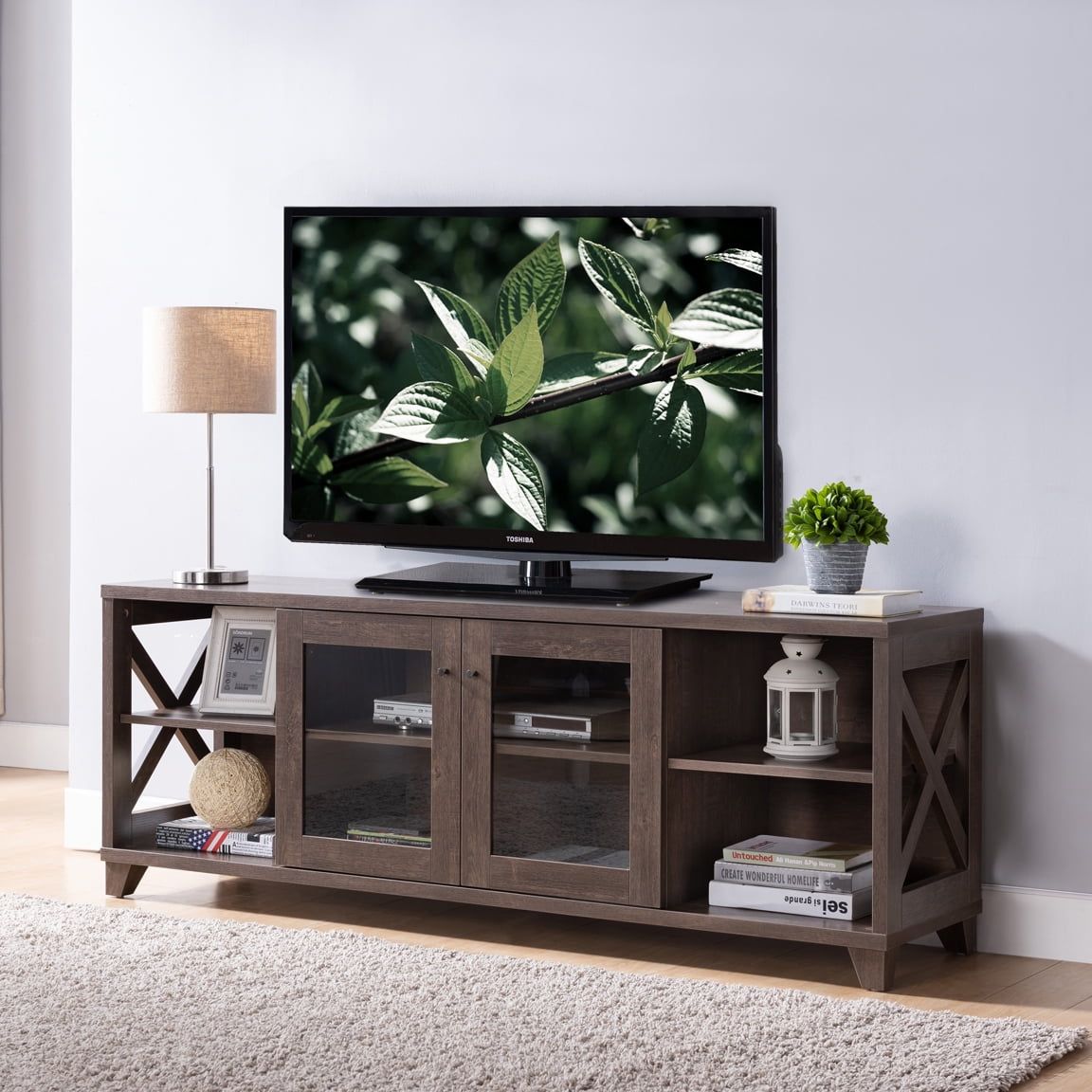 Walnut Oak 60" TV Stand with Glass Cabinet and Shelves