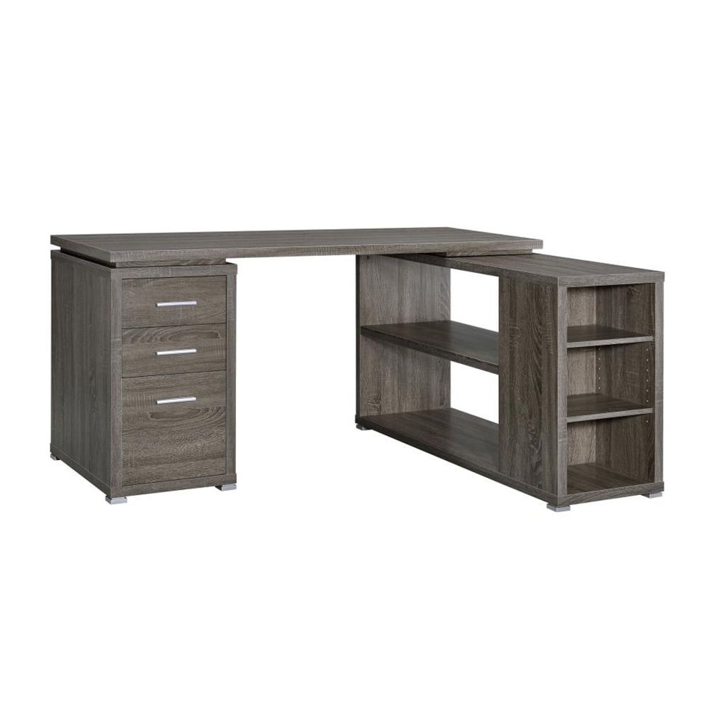 Weathered Gray L-Shaped Office Desk with Drawers and Shelves